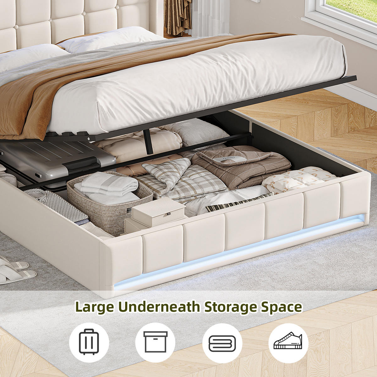 POLSTERBETT 160x200 cm Beige mit LED Beleuchtung, Kopfteil mit Stauraum und USB/Type-C, hydraulisches Stauraumbett - Beige, Metall (160/200cm) - EuroLiving