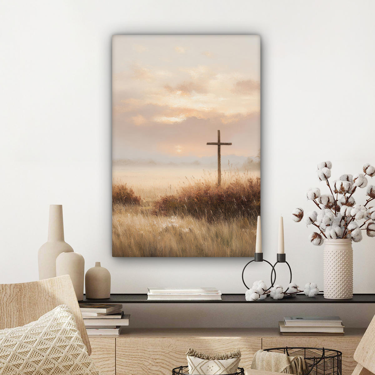 LEINWANDBILD Gras - Morgennebel - Kreuz - Christentum Wanddeko Schlafzimmer 60x90 cm - Beige, Textil (60/90cm) - MuchoWow