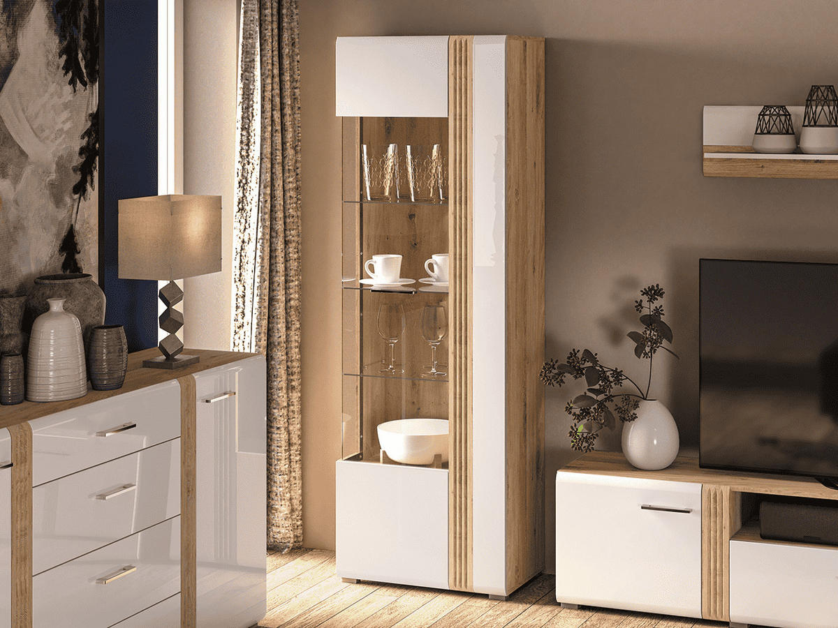 VITRINE – 65 cm – Adagio – Weiß / Eichefarben – Anschlag links – VT-GEN145 - Eichefarben/Weiß, Holzwerkstoff (65/196/42cm) - hi-markt