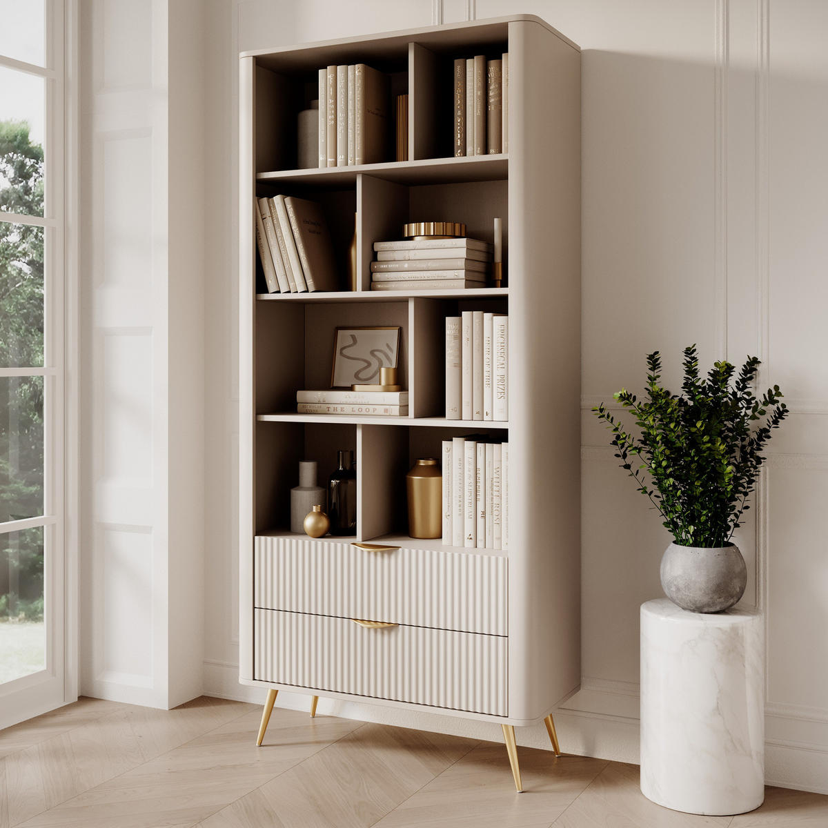 STANDREGAL Flore 88 cm Beige / Gold - mit Schubladen und 8 Fächern - Beige/Gelb, Holz/Holzwerkstoff (88/194/38cm) - Ravio