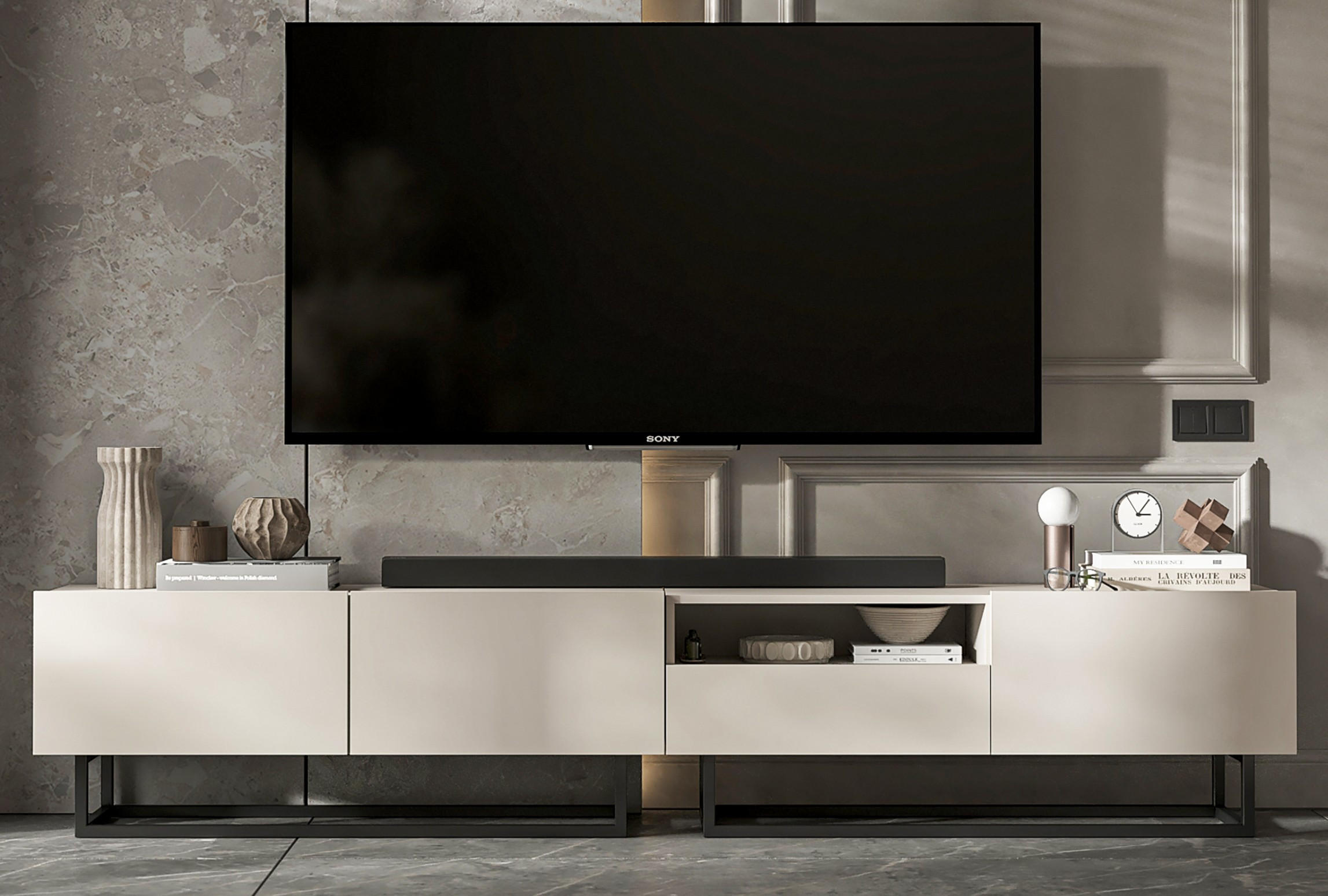 TV-LOWBOARD 2-er Set Enjoy Kaschmir Matt Schublade mit Metallrahmen 120 cm - Kaschmir/Schwarz, Holzwerkstoff/Metall (240/46/35cm) - Meble Lindner