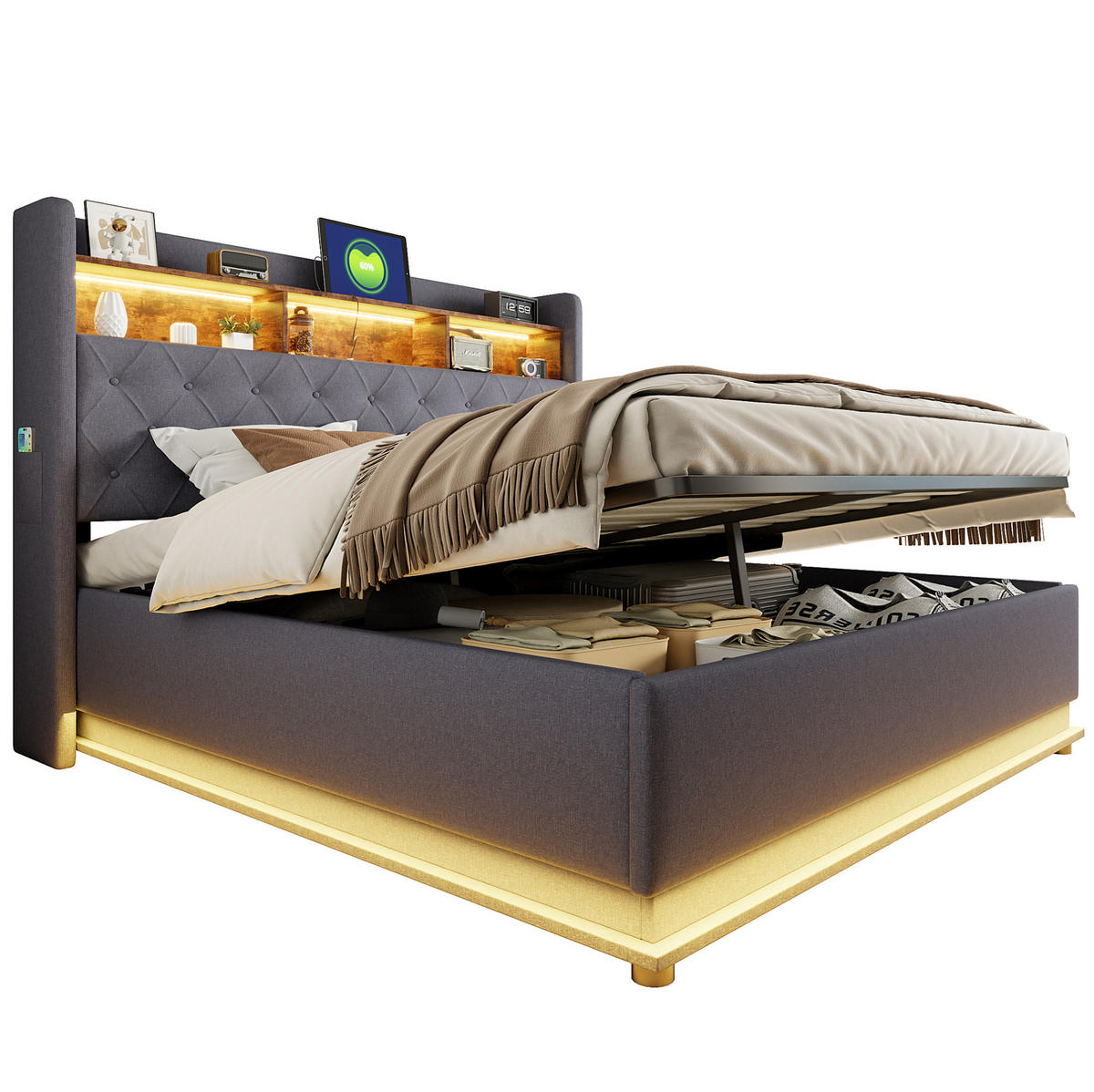 POLSTERBETT aus Leinenstoff 180/200 cm mit LED-Beleuchtung, USB-Anschluss und hydraulischem Stauraum, Grau - Grau, Textil (180/200cm) - Redom