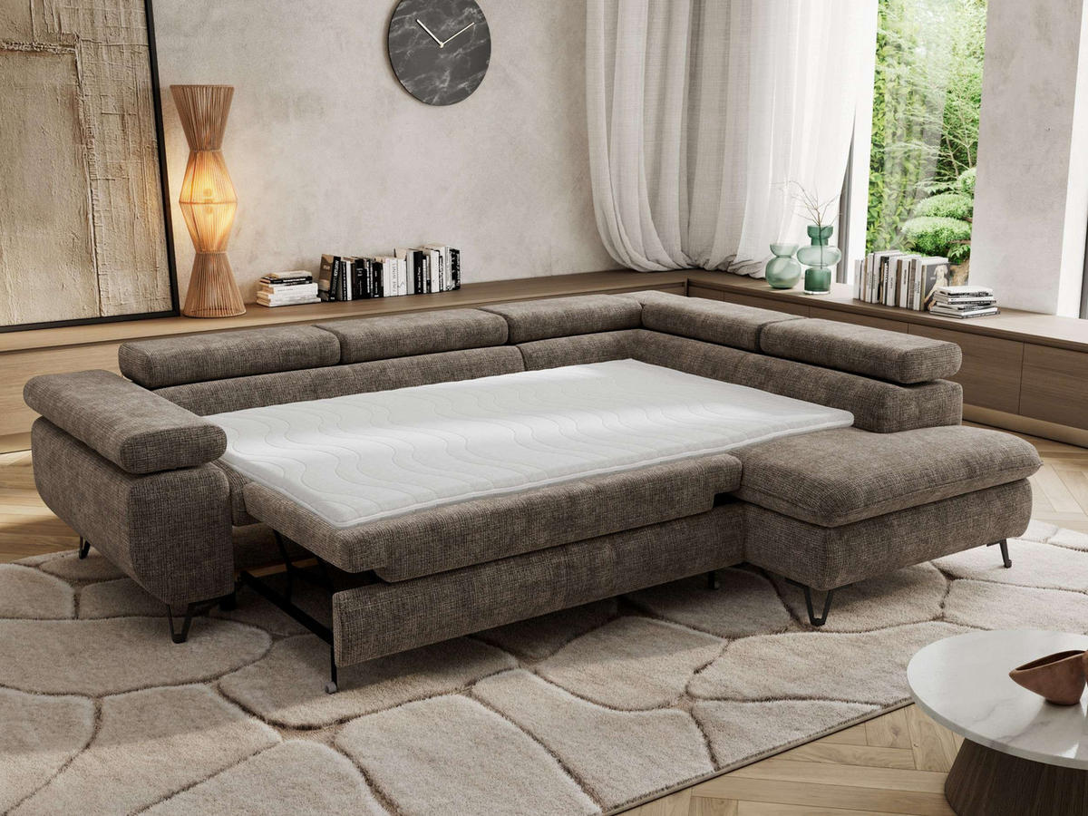 ECKSOFA PABLO L Braun Schenille grob gewebt - Rechts Seite mit Visco Topper - Schwarz/Braun, Textil/Metall (273/208cm) - MKS