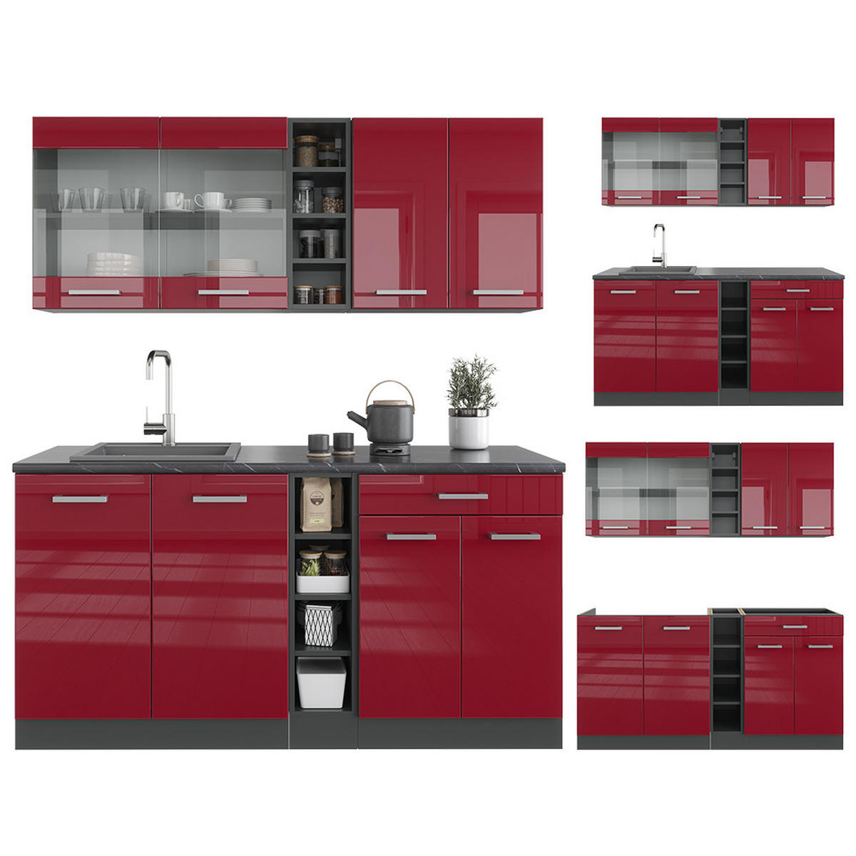 SINGLEKÜCHE R-Line Rot Hochglanz/Anthrazit 160 cm ohne Arbeitsplatte - Anthrazit/Rot, Holzwerkstoff (160/81.6/46cm) - Vicco