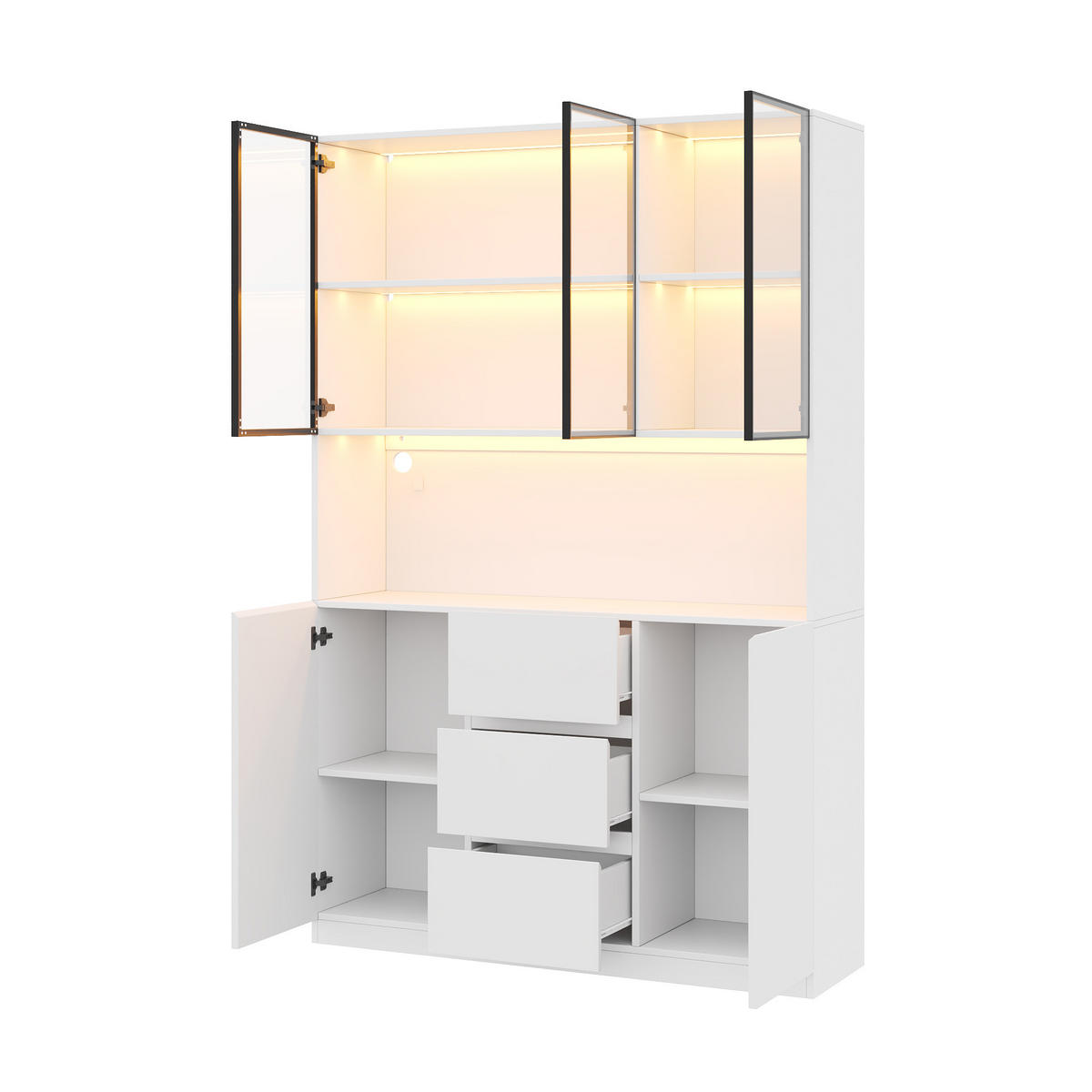 VITRINE LED 200cm 3 Schubladen 2 Türen Weiß - Weiß, Holzwerkstoff (120/200/40cm) - FLIEKS