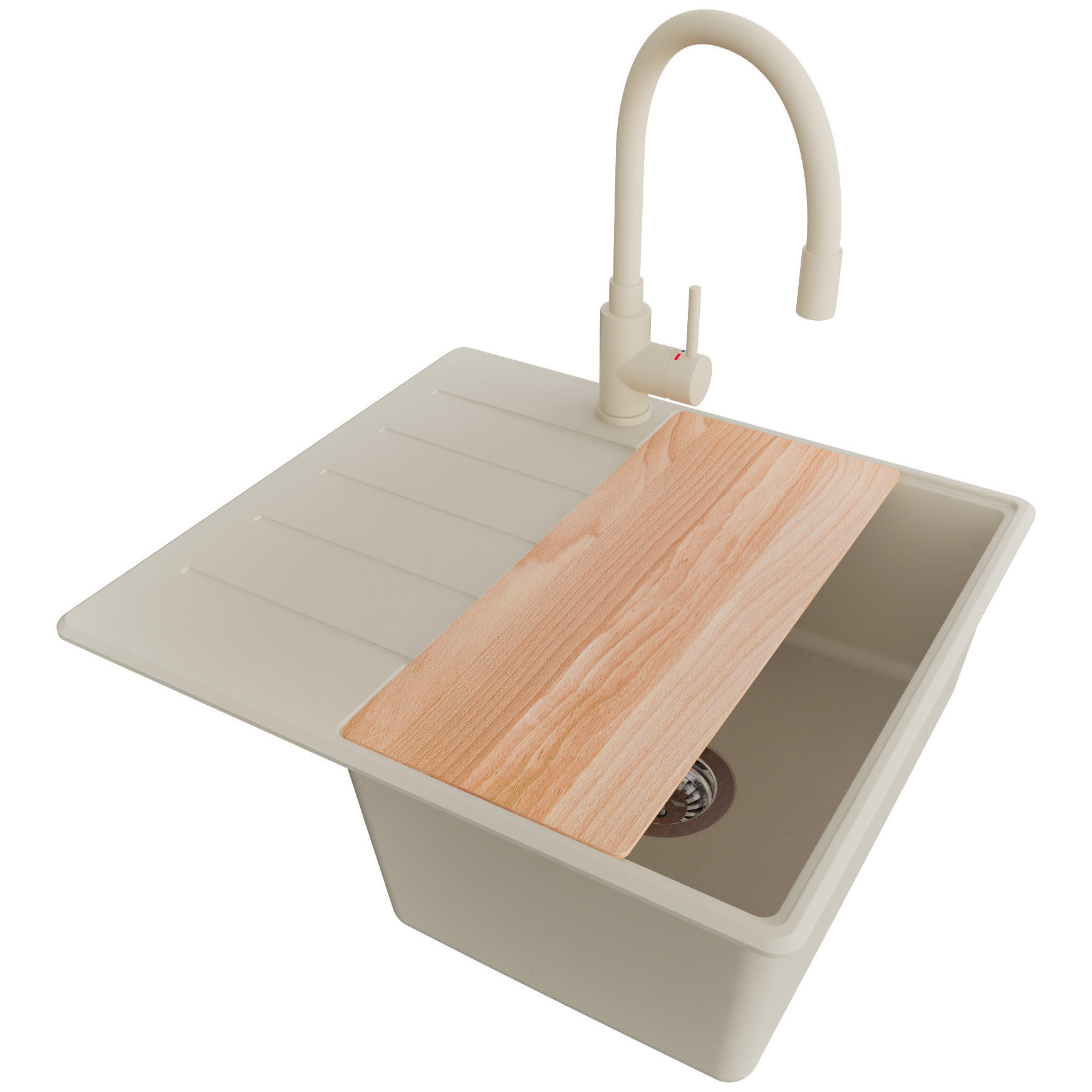 GRANITSPÜLE Kopenhagen, 2-er set Beige 55/50 cm 1 Becken + Küchenarmatur 38/14 cm + Ablauf-Set + Schneidebrett ab 40er Unterschrank - Chromfarben/Beige, Kunststoff (55/20/50cm) - Primagran