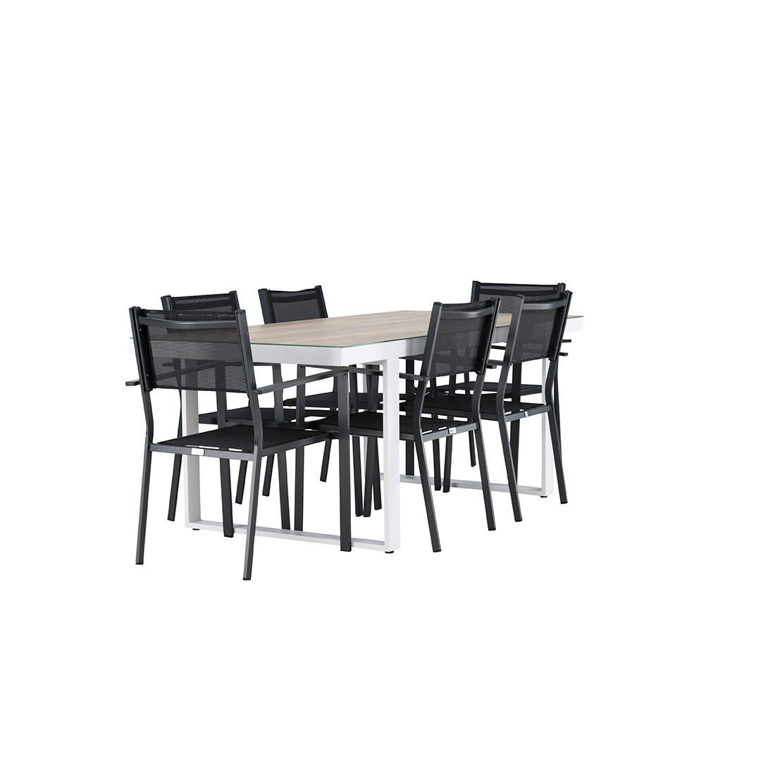 GARTENSET, Merlo, Tisch Weiß, Stühle Schwarz, Metall / Stoff, 90 x 200 x 75 cm, 7-teilig - Weiß, Metall - ebuy24