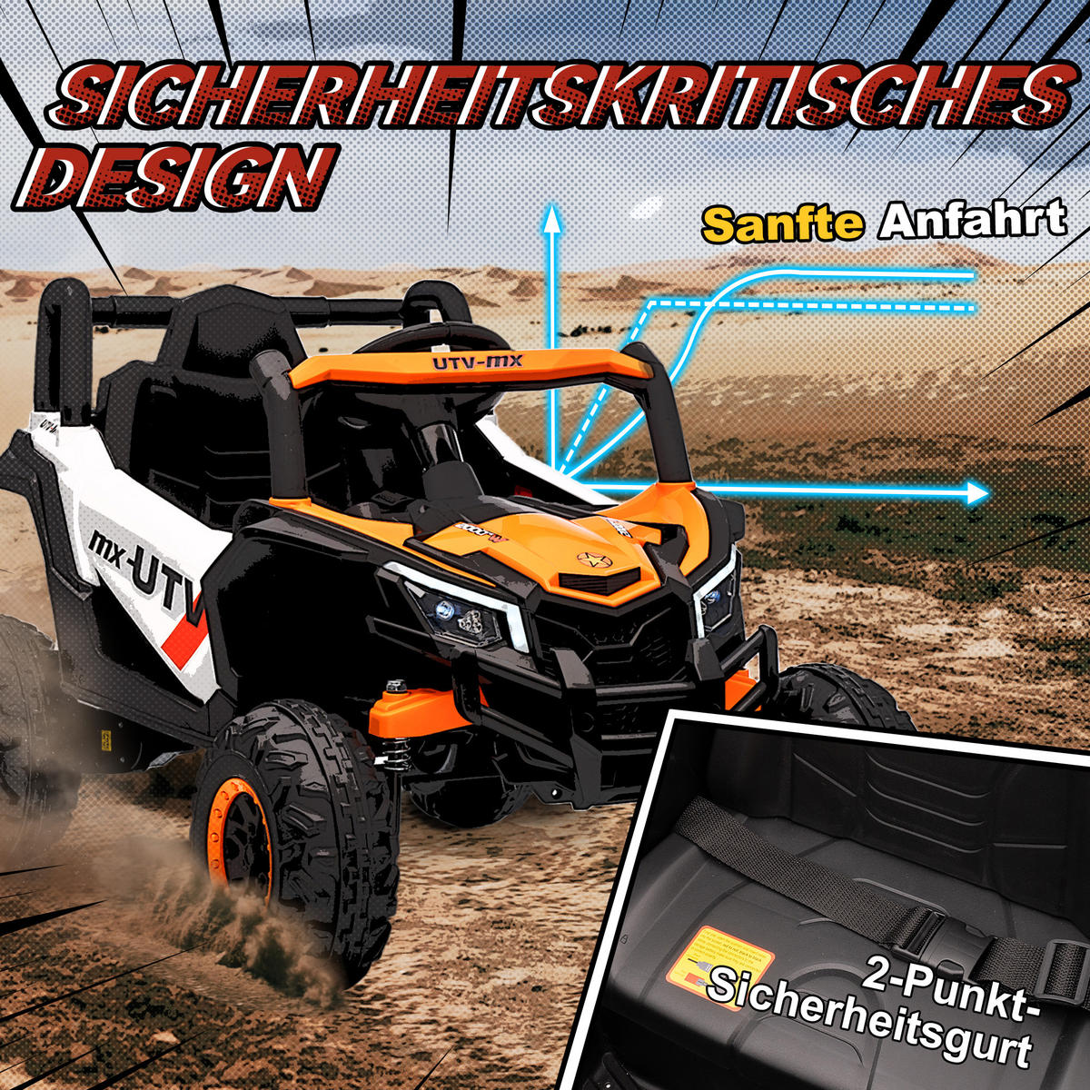 KINDER-ELEKTROAUTO 12V Kinderauto UTV mit 2,4 GHz Fernbedienung, Softstart - Orange, Kunststoff (96/61/56cm) - AIYAPLAY