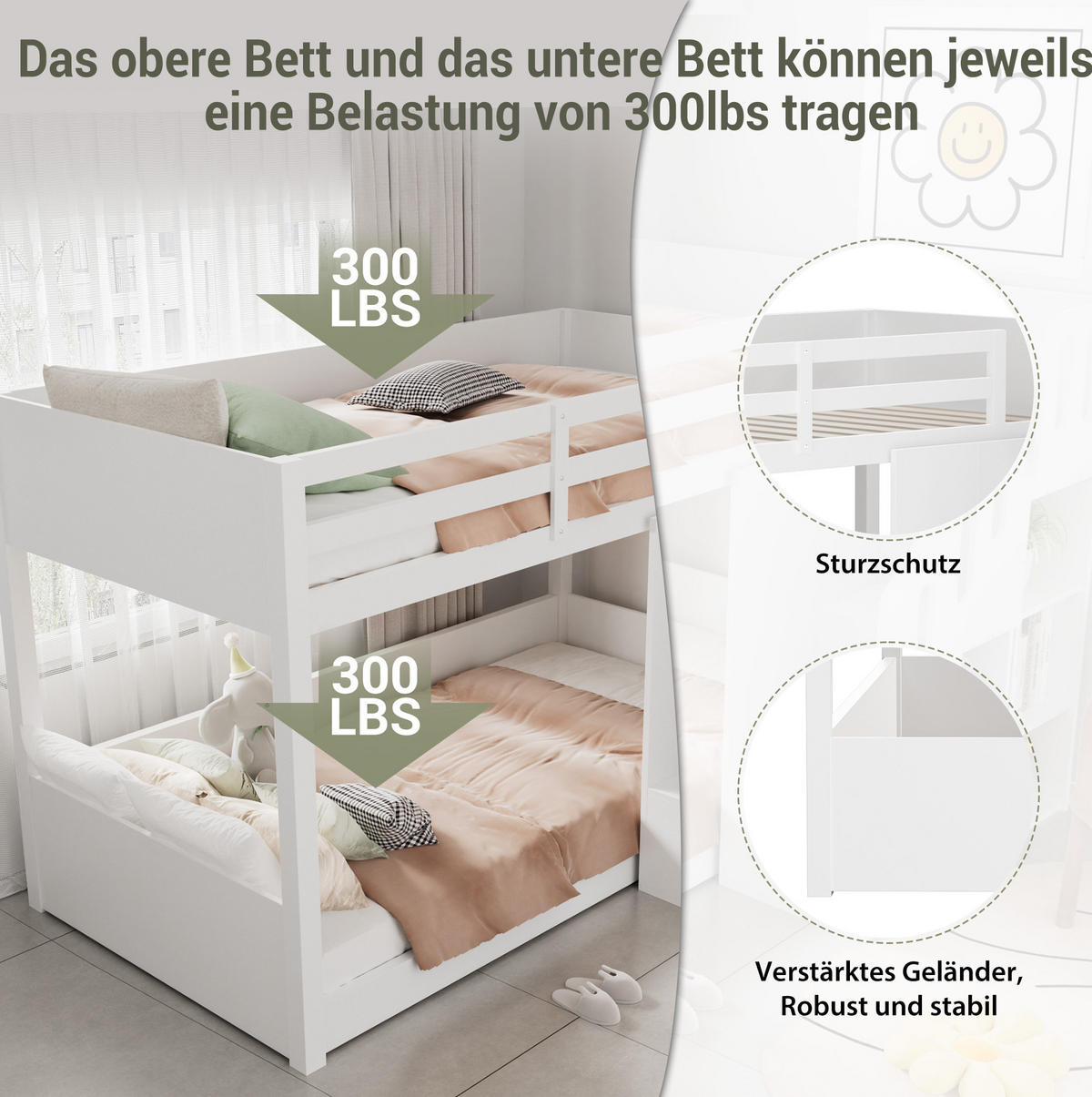 ETAGENBETT 90/200 cm Weiß mit Stauraumtreppe und Geländer - Weiß, Holz (90/200cm) - Flora Grace