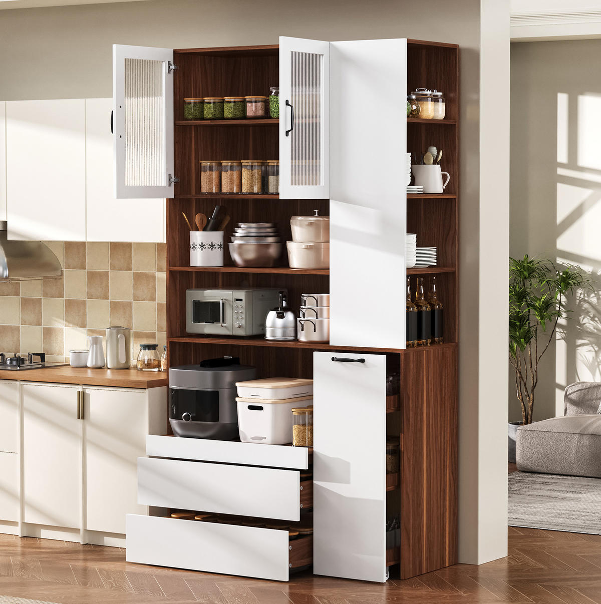 HIGHBOARD 100/200/40 cm Weiß/Nussbaum aus MDF mit ausziehbarer Ablage - Weiß, Holzwerkstoff (40/200/100cm) - OKMYHOME
