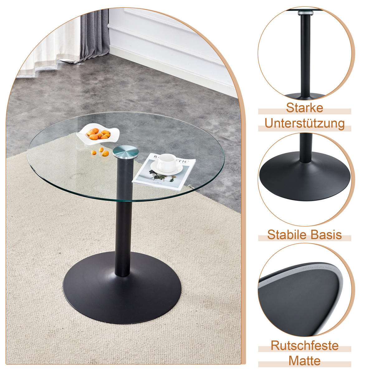 TISCH- UND STUHLSET 4er-Set Glas 85 cm Braun/Schwarz - Braun, Metall (85/76/85cm) - Meubliv