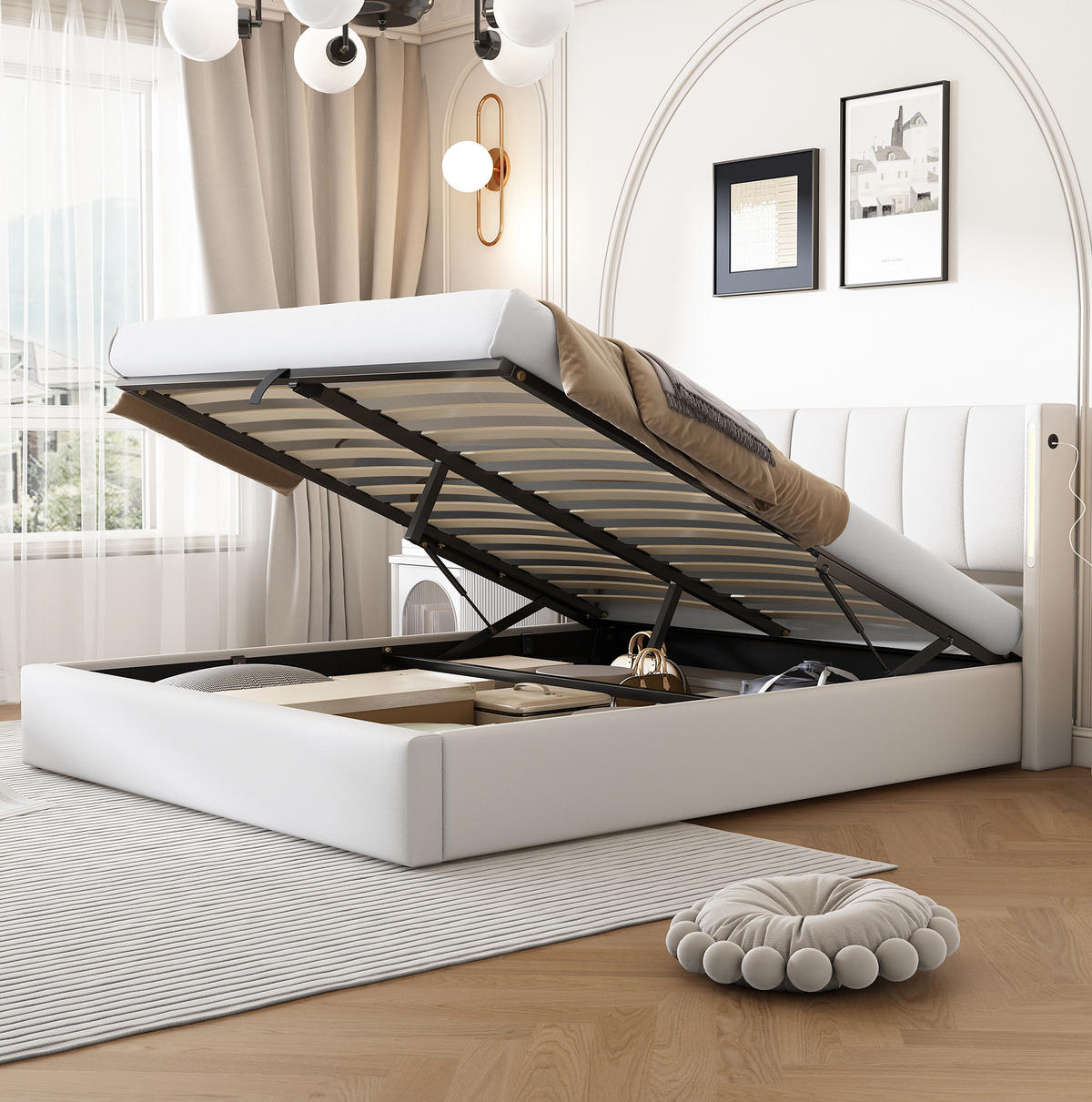 POLSTERBETT 160/200 cm aus PU mit LED-Beleuchtung, USB-Anschluss, Bettkasten und verstellbarem Kopfteil, Weiß - Weiß, Kunststoff (160/200cm) - Redom