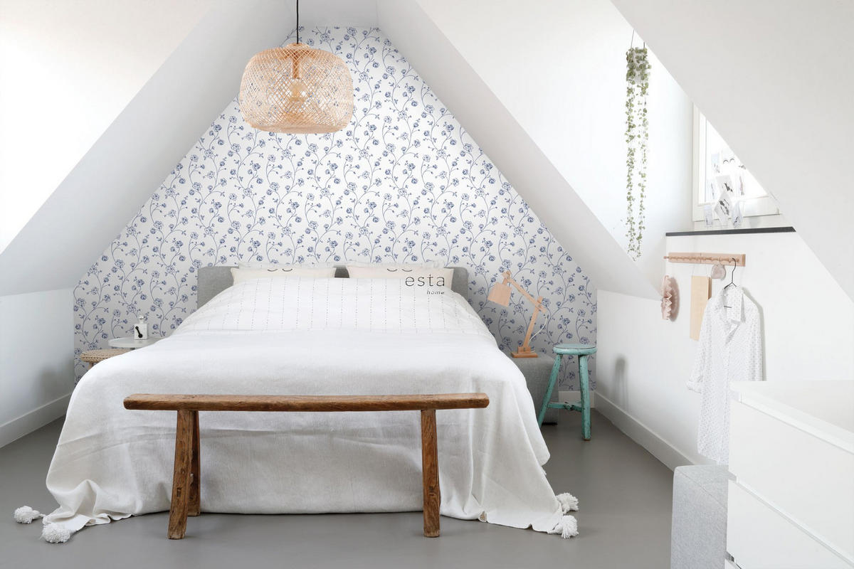 TAPETE Toile de Jouy Rosen 53 cm x 10.05 m - Blau, Papier (53/1000cm) - ESTAhome