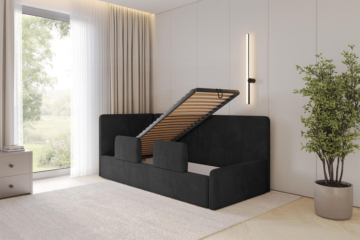 EINZELLBETT Jugendbett mit Bettkasten und Matratze H3/H4, Rechts - NORY 100x200 Schwarz - Anthrazit, Holzwerkstoff/Textil (100/200cm) - ALTDECOR