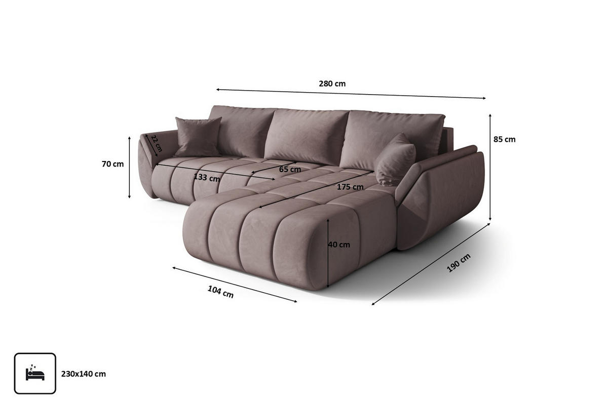 ECKSOFA TOKYO PREMIUM mit Schlaffunktion, Stoff MONOLITH, Lila, Rechts - Lila, Holz (280/190cm) - Kaiser Möbel