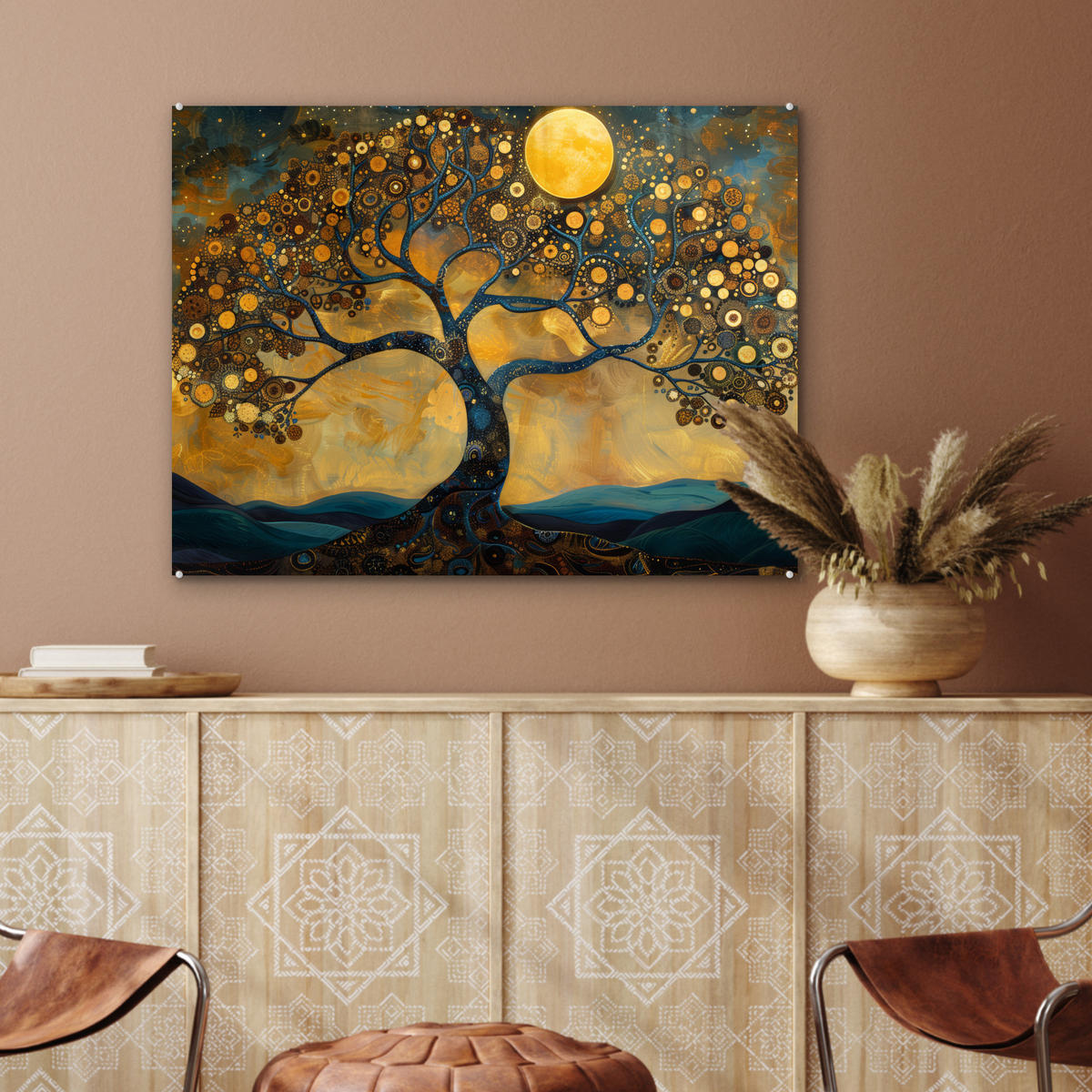 ACRYLGLASBILD Baum - Mond - Blumen - Gold - Kunst 80x60 cm - Orange, Glas (80/60cm) - MuchoWow