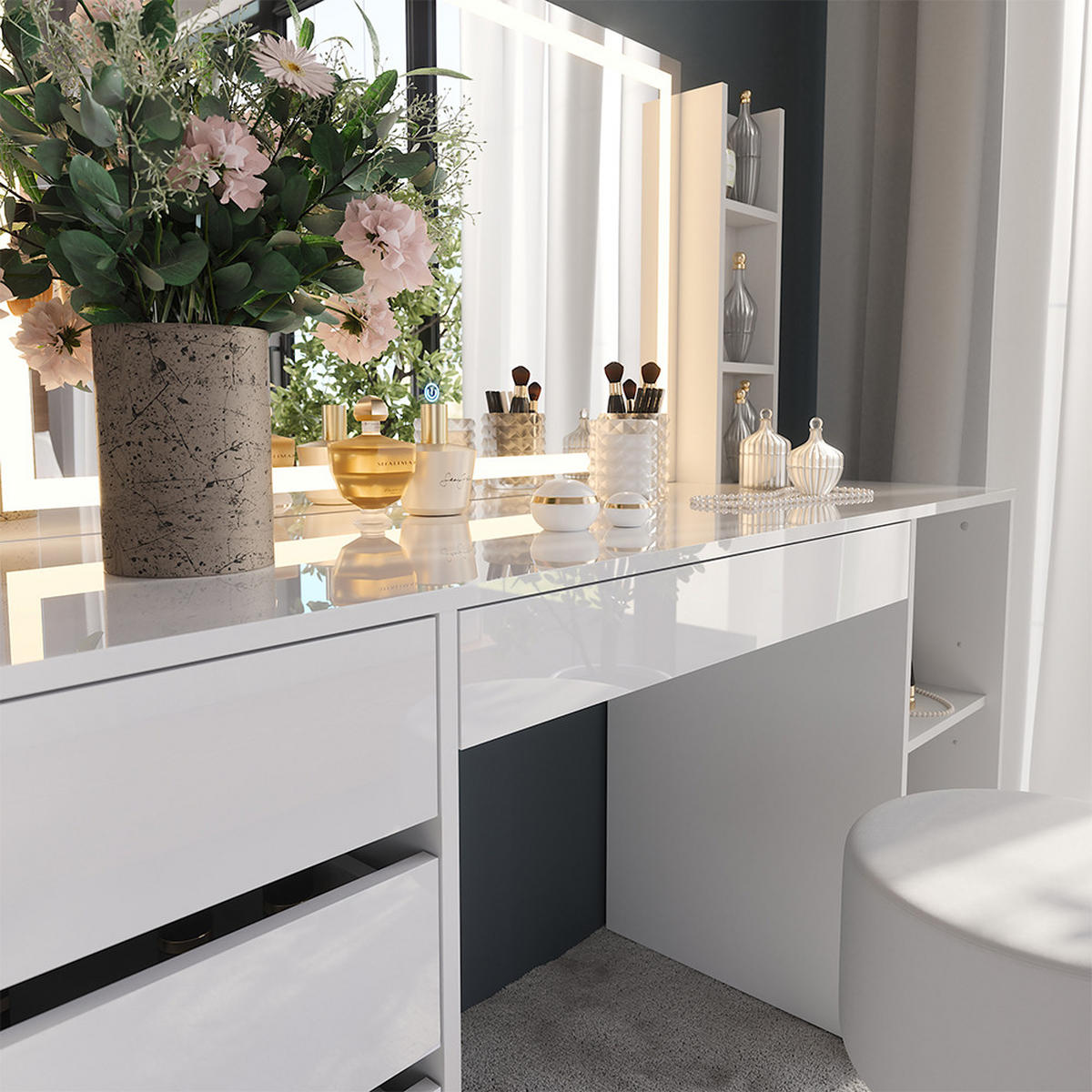 SCHMINKTISCH Sherry Weiß/Weiß Hochglanz 158.2 cm 5 Teile - Weiß Hochglanz, Holzwerkstoff (158.2/76/50.1cm) - Vicco