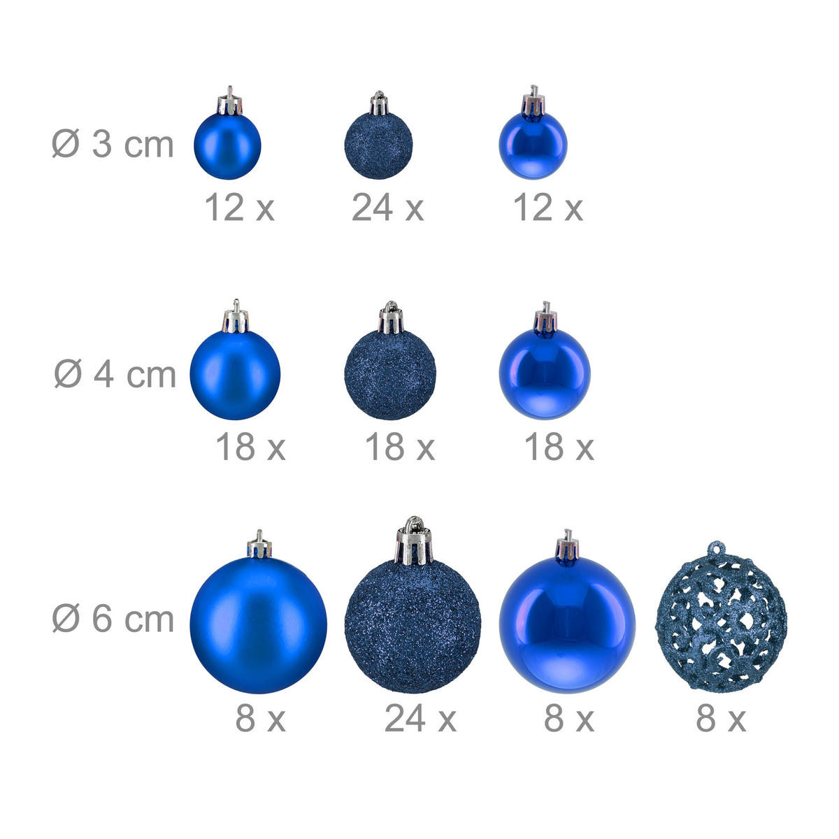 WEIHNACHTSKUGELN-SET 150-tlg. - Blau, Kunststoff (6/7/6cm) - Relaxdays