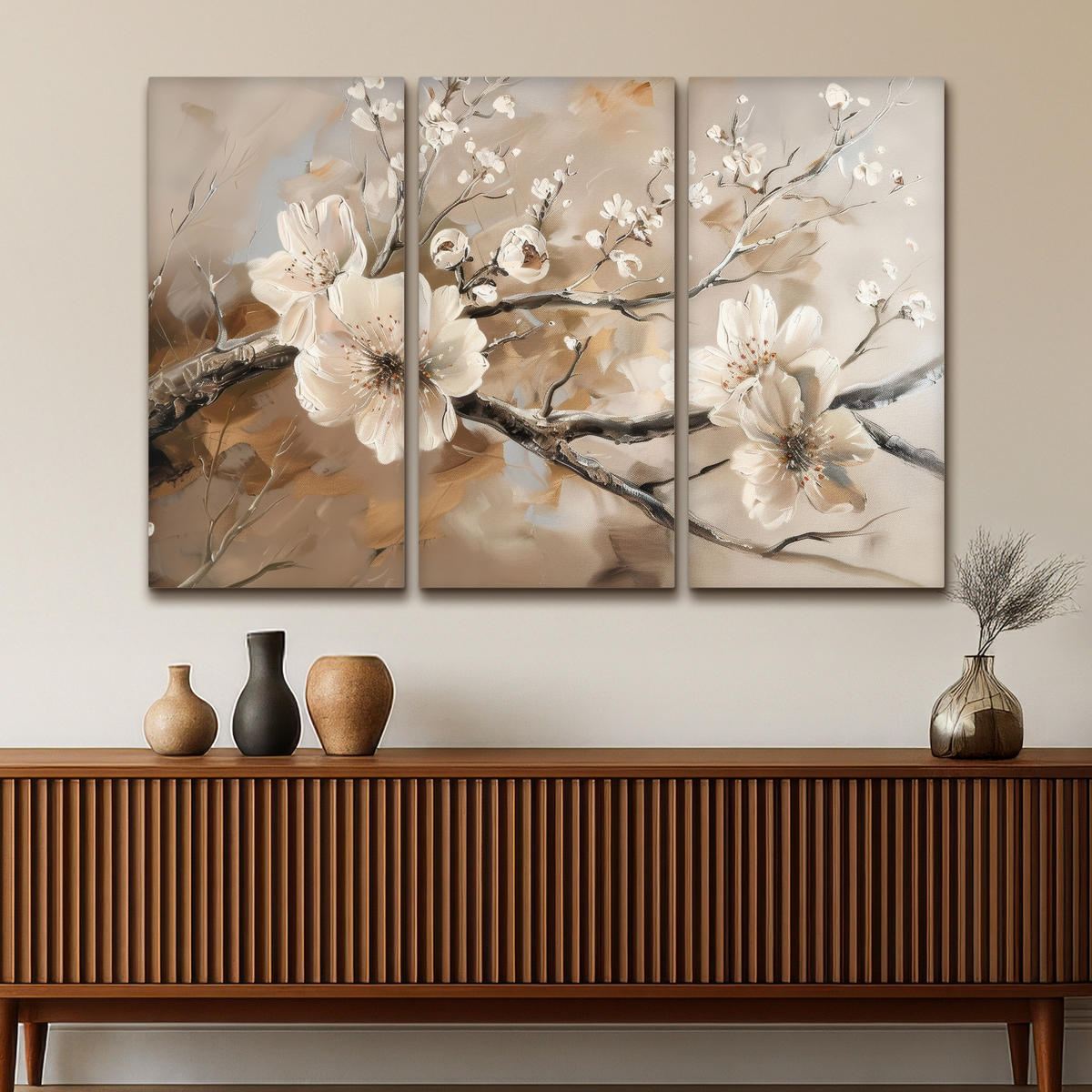 LEINWANDBILD 3er Set Blüte - Beige - Abstrakt - Blumen 180x120 cm - Hellbraun, Textil (180/120cm) - MuchoWow