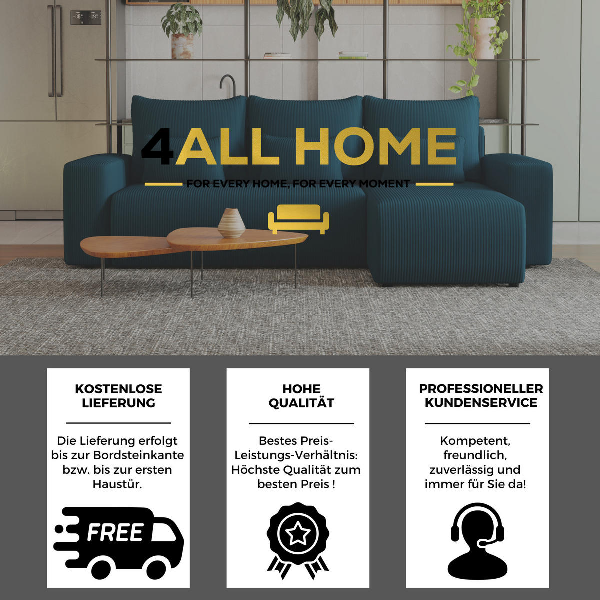 ECKSOFA Travis mit Bettkasten und Schlaffunktion, L-Form, Cord, Universal - Blau, Holzwerkstoff (248/148cm) - 4ALL HOME