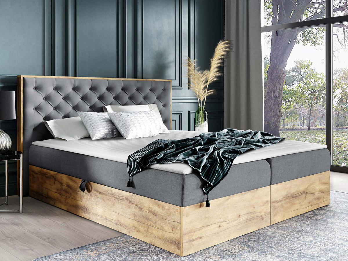 BOXBETT Wood 3 - Eiche Wotan/Grau, Holz/Textil (120/200cm) - MIRJAN24