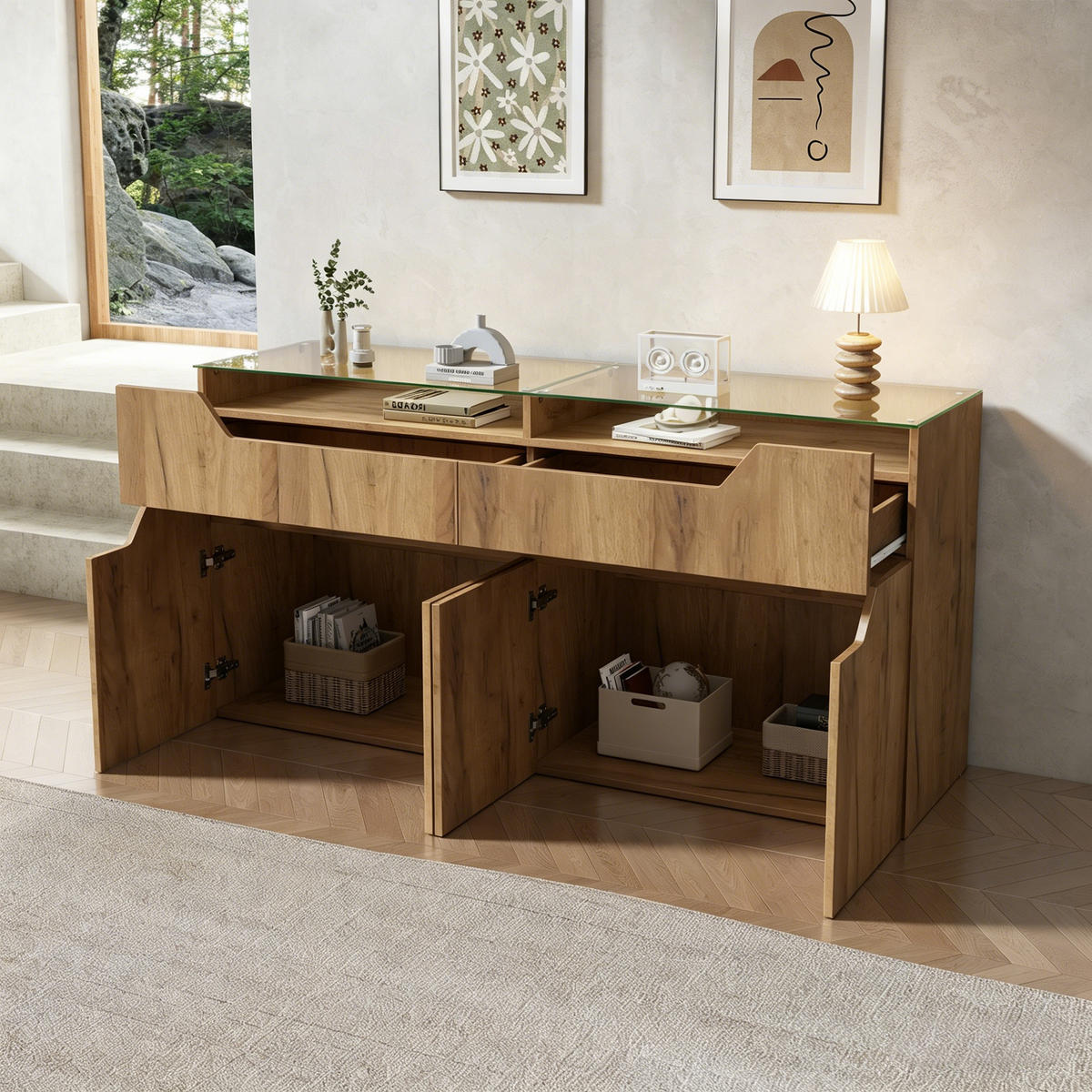 SIDEBOARD Naturholzoptik aus MDF mit gehärteter Glasplatte und App-gesteuerter USB-LED 140 × 40 × 70 cm - Naturfarben, Holzwerkstoff (140/70/40cm) - Luhomfu