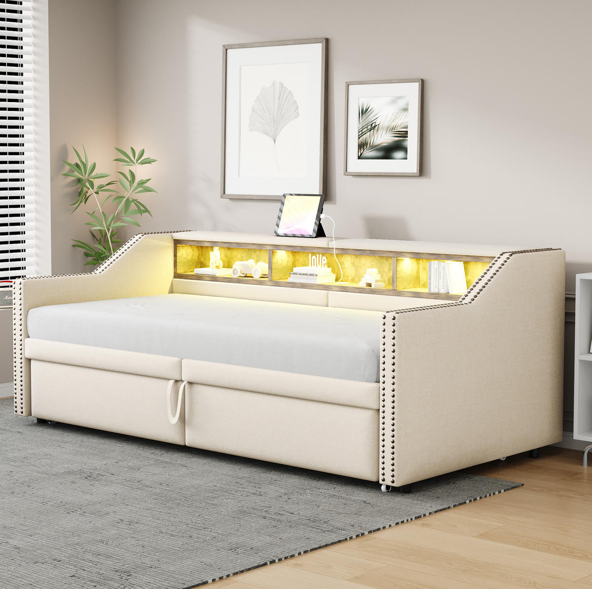 ČALÚNENÁ posteľ 90/180 x 200 cm s výsuvným lôžkom, úložnými priehradkami, LED osvetlením a USB portom, Béžová - béžová, textil (90/200cm) - Redom