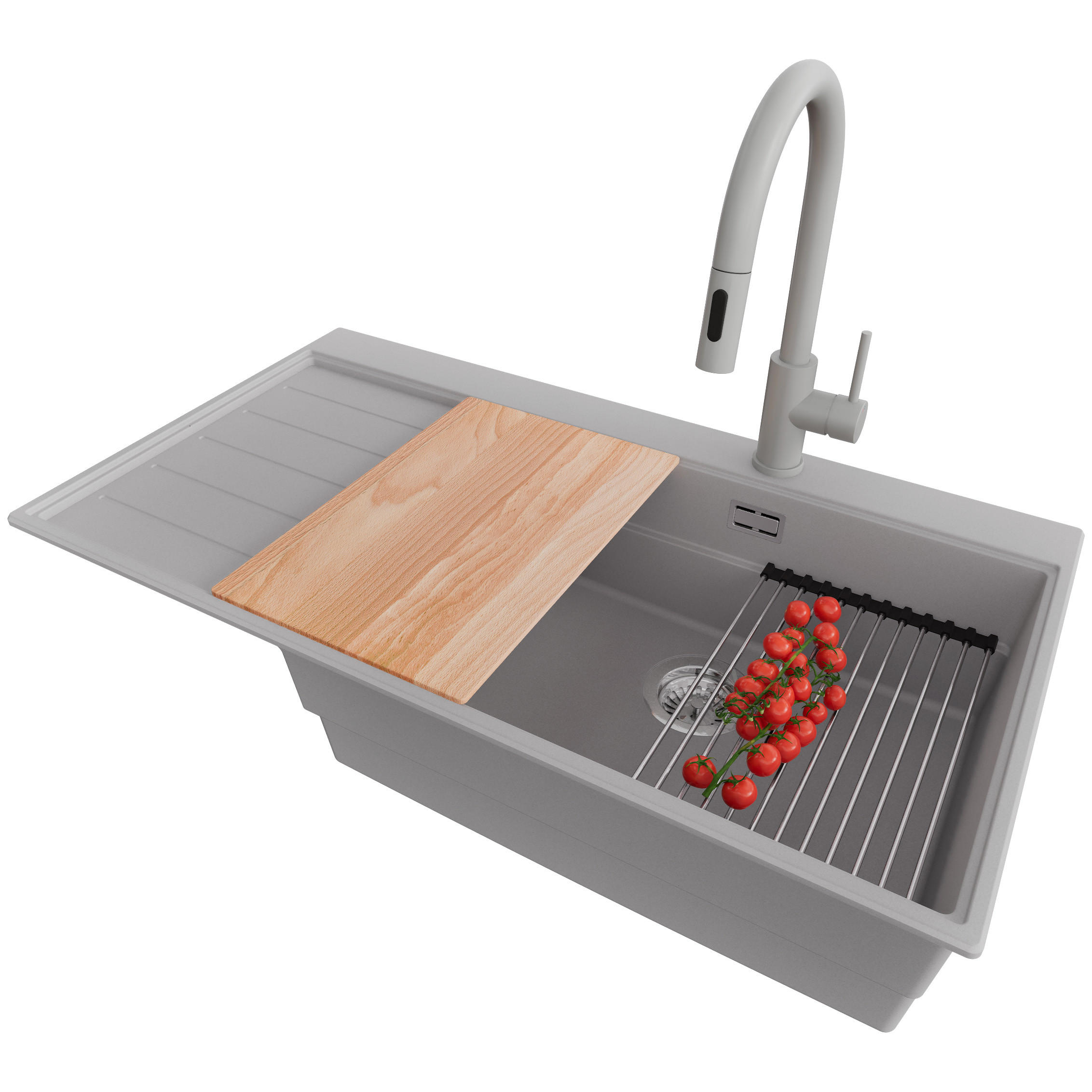 GRANITSPÜLE Sydney, 2-er set Grau 90/50 cm 1 Becken + Küchenarmatur 40/20 cm + Ablauf-Set + Küchenzubehörset ab 60er Unterschrank - Chromfarben/Beige, Kunststoff (90/20/50cm) - Primagran