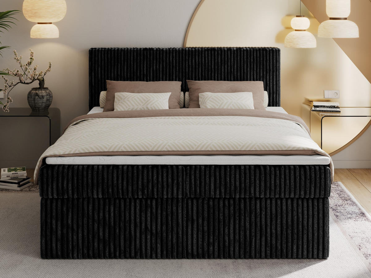 BOXBETT TILIANO 160/200 - Schwarz Cord - H3 - Schwarz, Textil (160/200cm)