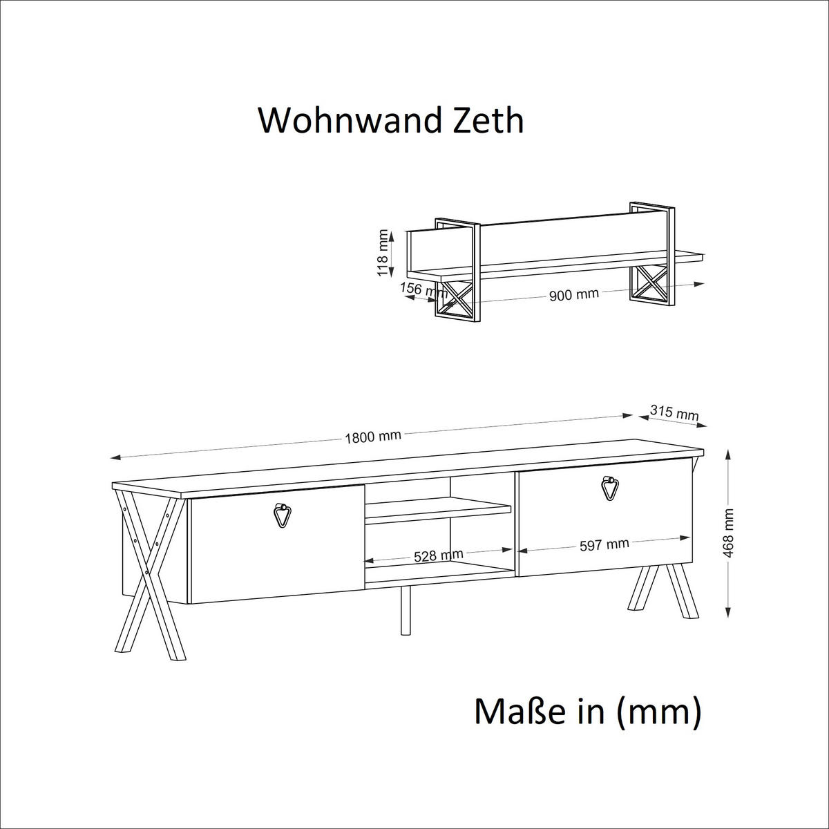 WOHNWAND Zeth Eiche - Eichefarben/Schwarz, Holzwerkstoff/Metall (180/46.8/31.5cm) - moebel17
