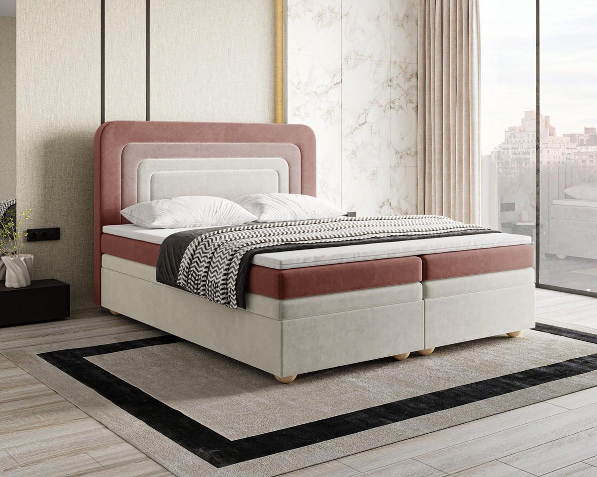 BOXBETT - Bett 10 NEST - Riviera - 140x200 cm - Modernes Polsterbett mit Bettkasten - Rosa, Holz (140/200cm) - ROYAL24_MARKT