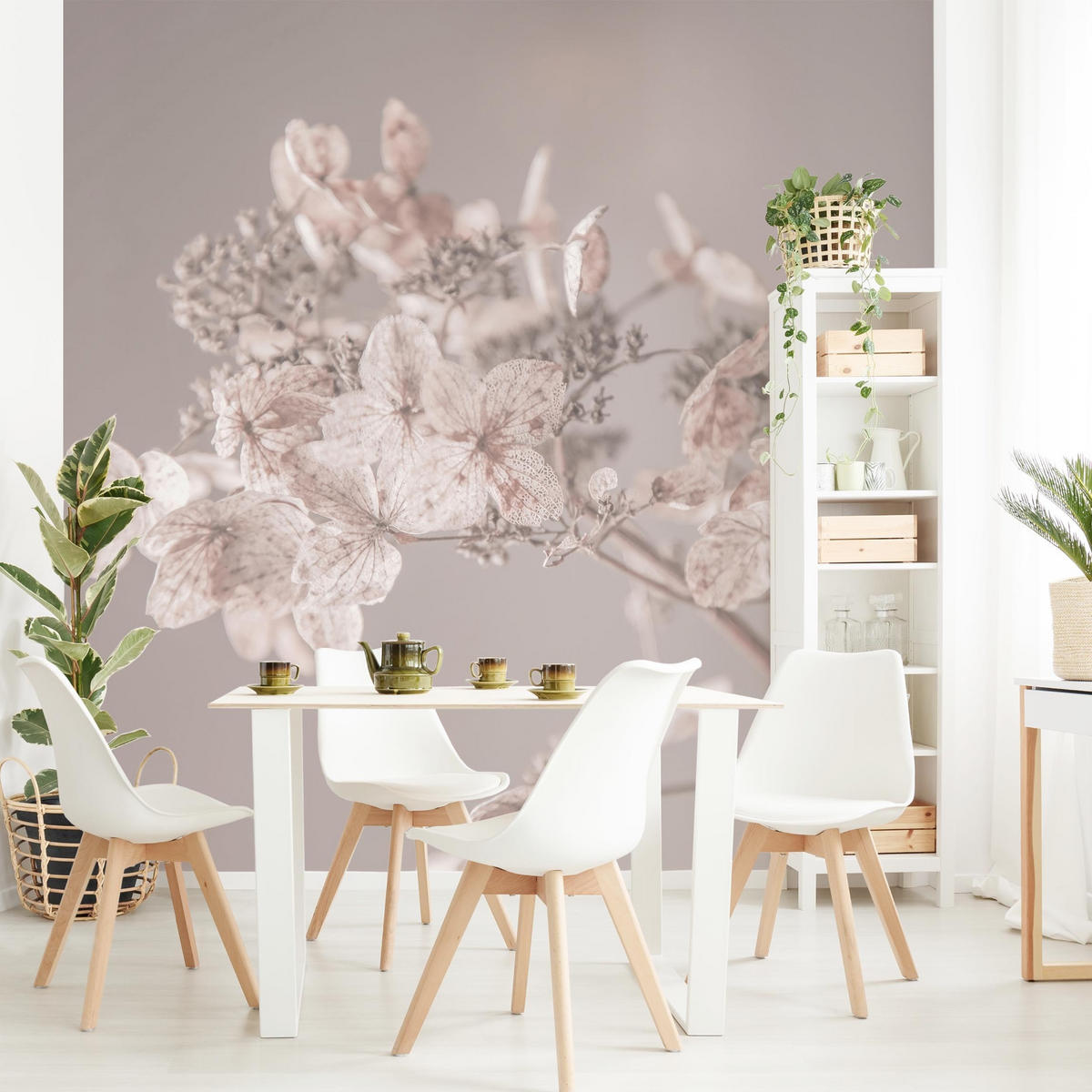 FOTOTAPETE Zarte weiße Hortensie 192/192 cm - Eichefarben, Papier (192/192cm) - Bilderwelten