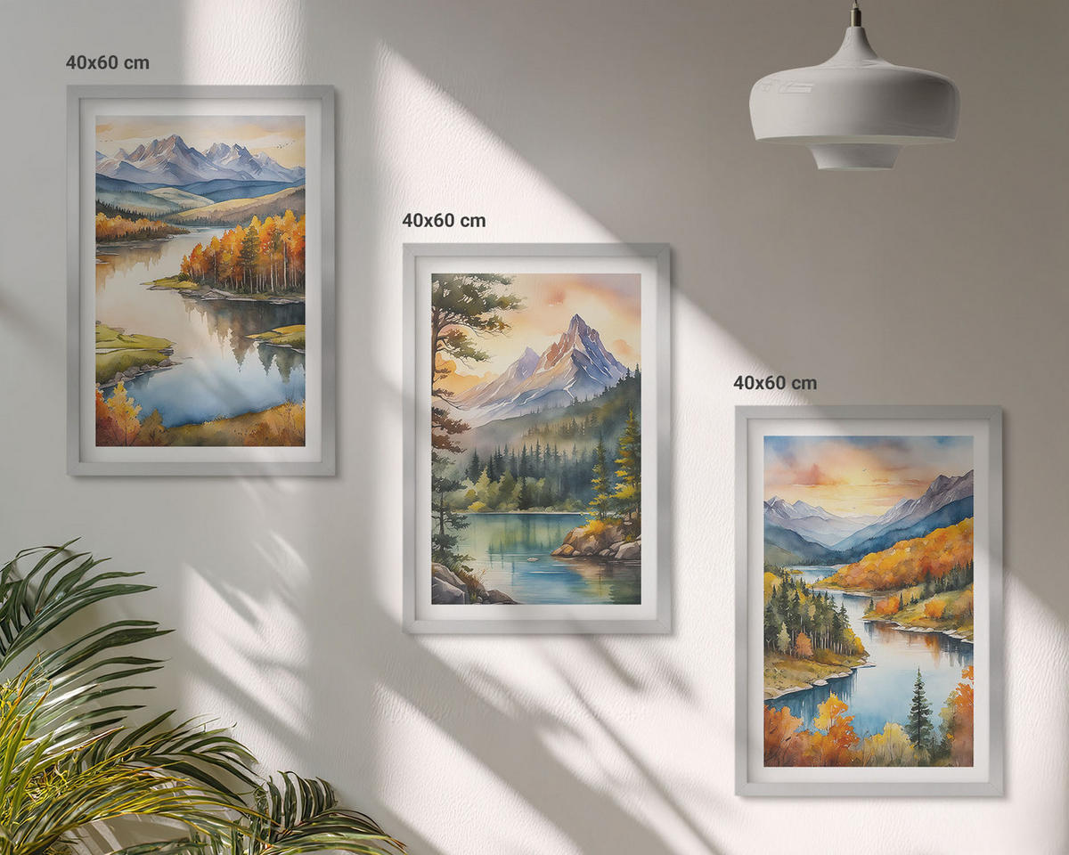 BILDER SET 3er Set - 40x60 cm Silberner Rahmen - Berglandschaften mit einem Fluss - Silberfarben, Kunststoff (40/60cm) - TULUP