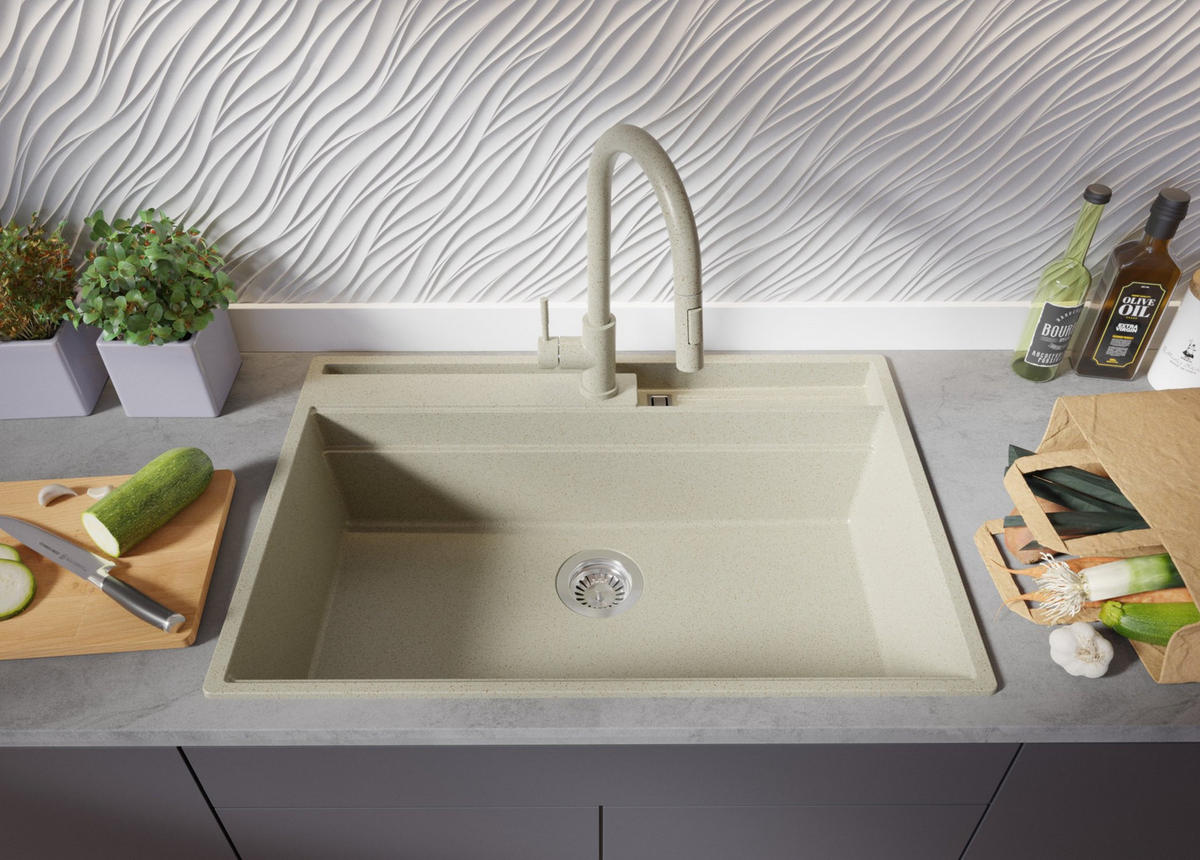 GRANITSPÜLE Oslo Pocket, 2-er set Beige 78/53 cm 1 Becken + Küchenarmatur 38/14 cm + Ablauf-Set + Küchenzubehörset ab 80er Unterschrank - Chromfarben/Beige, Kunststoff (78/20/53cm) - Primagran