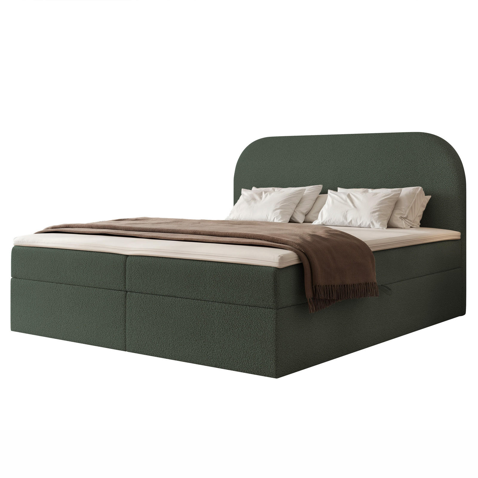 BOXBETT FUZZI 200x200 cm Graugrün (Bouclé-Stoff) - mit 2 Bettkästen, Bonellmatratze und weichem Kopfteil - Grau/Grün, Holzwerkstoff/Textil (200/200cm) - Ravio