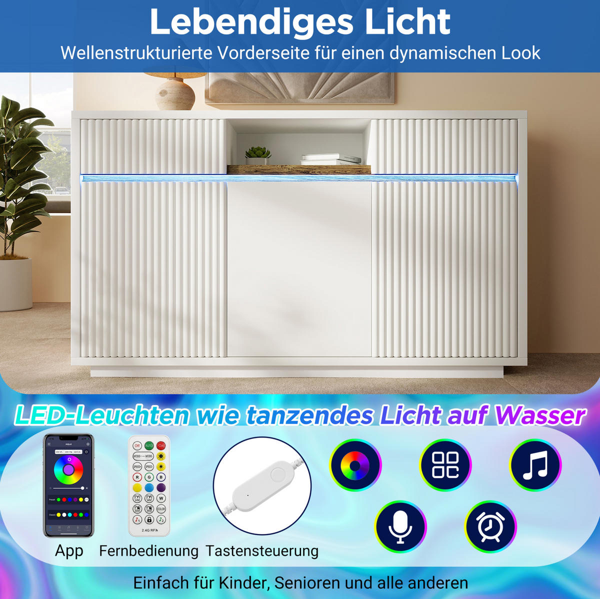SIDEBOARD aus MDF und Spanplatte 140x40x85 cm Weiß mit LED-Beleuchtung, 2 Schubladen und verstellbaren Einlegeböden - Weiß, Holzwerkstoff (140/85/40cm) - Modfu