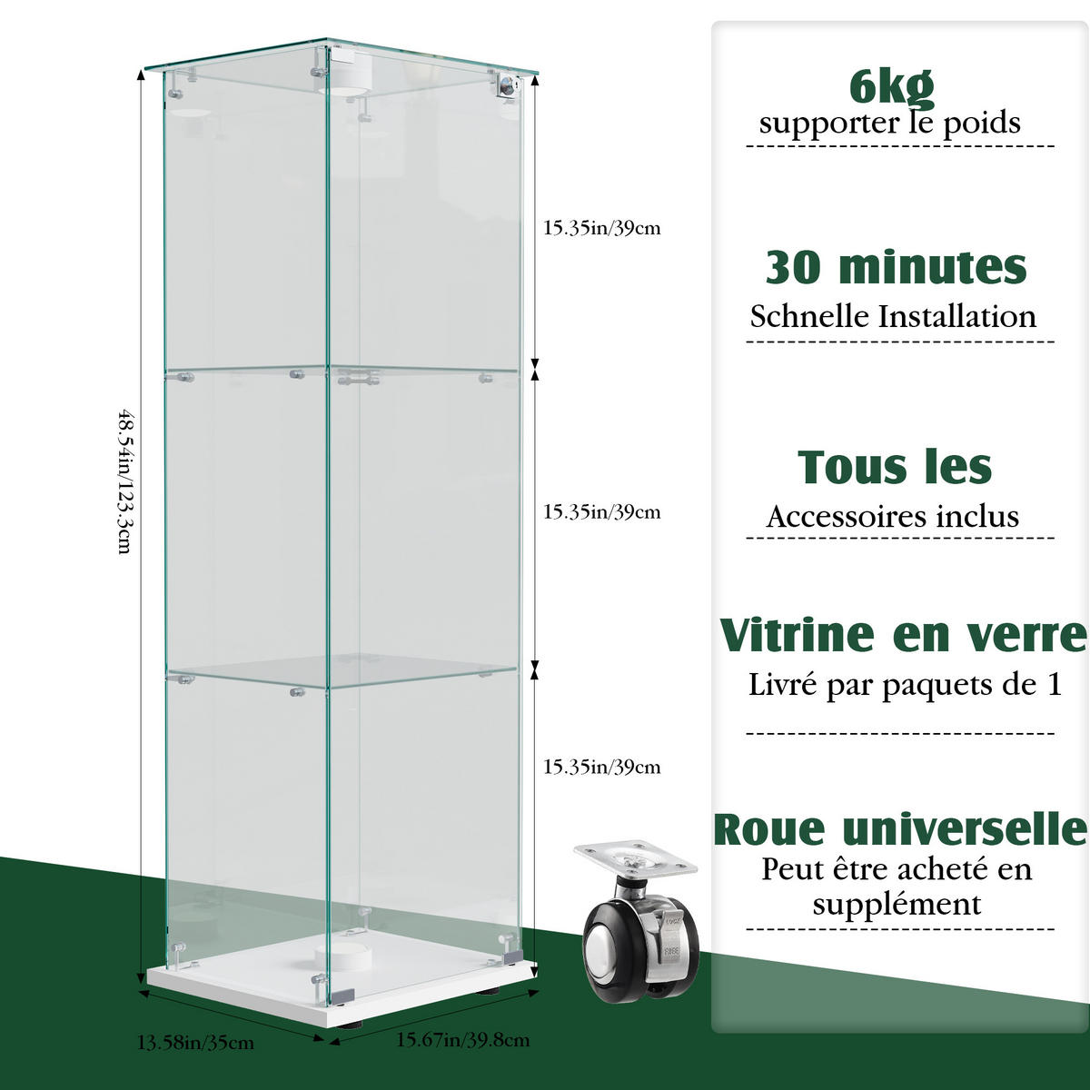 GLASVITRINE 125x42x36 cm 1 Tür 3 Einlegeböden LED Touch weiß - Weiß, Holz (39.8/123.5/35cm) - LEBENLANG