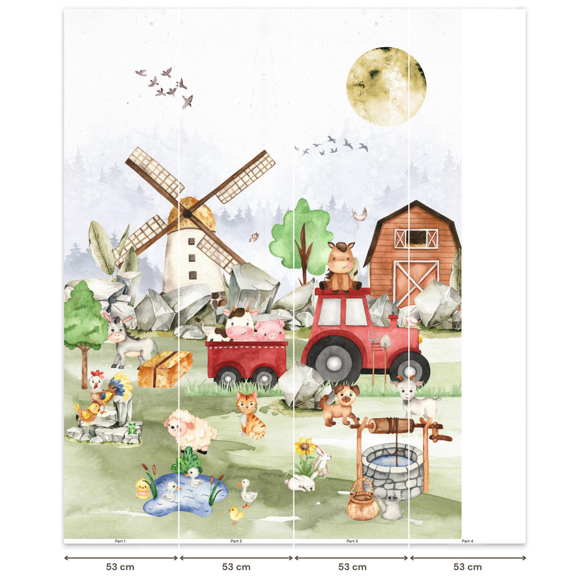 KINDERTAPETE - Bauernhof - Traktor - Kinder - Tiere - 180x240 cm - Weiß, Papier (180/240cm) - OnlyWow