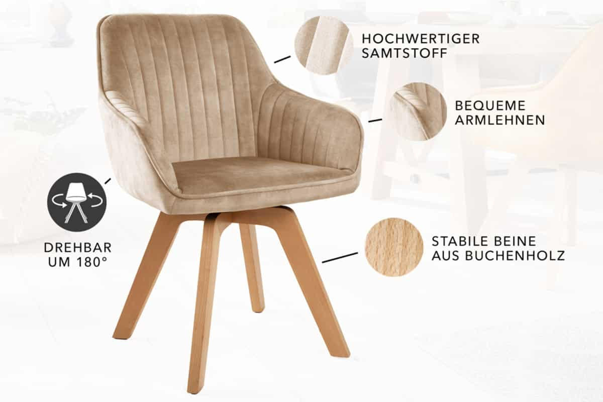 STUHL LIVORNO Samt Greige 85 cm - Champagner/Beige, Holz/Textil (62/84/62cm) - riess-ambiente