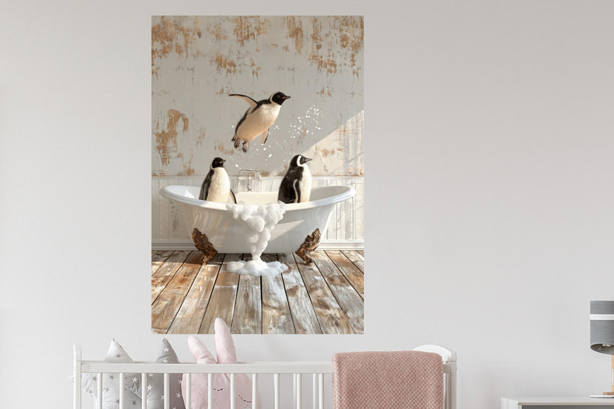 WANDTATTOO Vintage - Pinguin - Badewanne - Schaumstoff 80x120 cm - Schwarz, Kunststoff (80/120/0.1cm) - MuchoWow