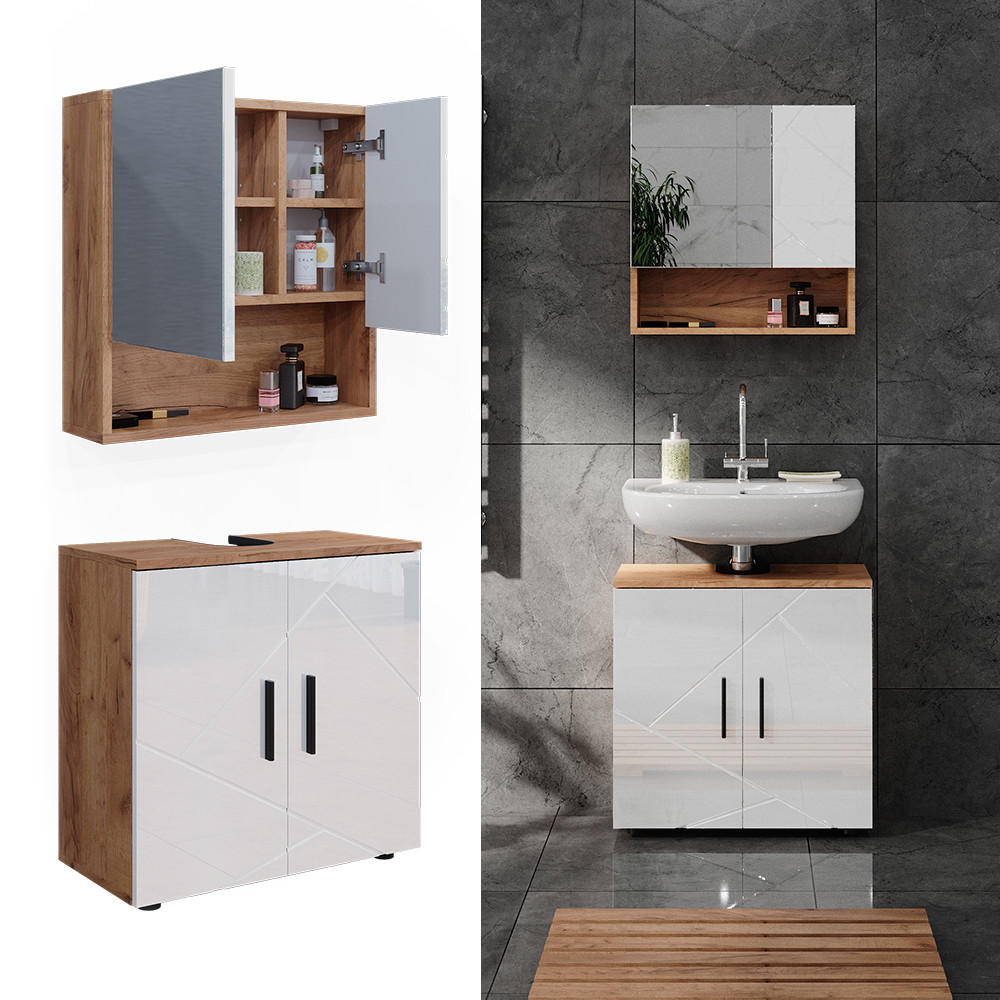 BADMÖBEL-SET Irma Weiß Hochglanz/Goldkraft Eiche 2 Teile Unterschrank 60 cm - Weiß Hochglanz/Eiche Wotan, Holzwerkstoff (80/58.6/41cm) - Vicco