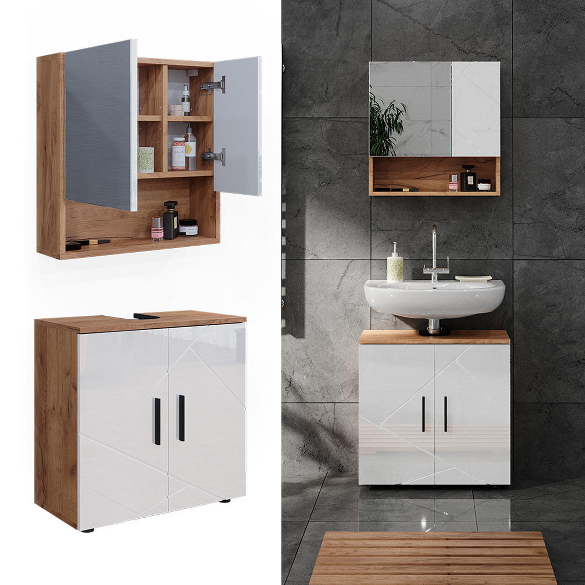 BADMÖBEL-SET Irma Weiß Hochglanz/Goldkraft Eiche 2 Teile Unterschrank 60 cm - Weiß Hochglanz/Eiche Wotan, Holzwerkstoff (80/58.6/41cm) - Vicco