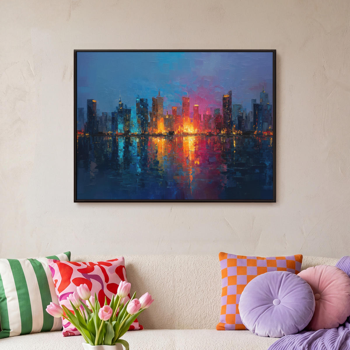 LEINWAND Bilder mit Rahmen - Skyline - Pinselstriche - Dunkelblau - Leuchtend - 70x50 - Blau, Textil (70/50cm) - MuchoWow