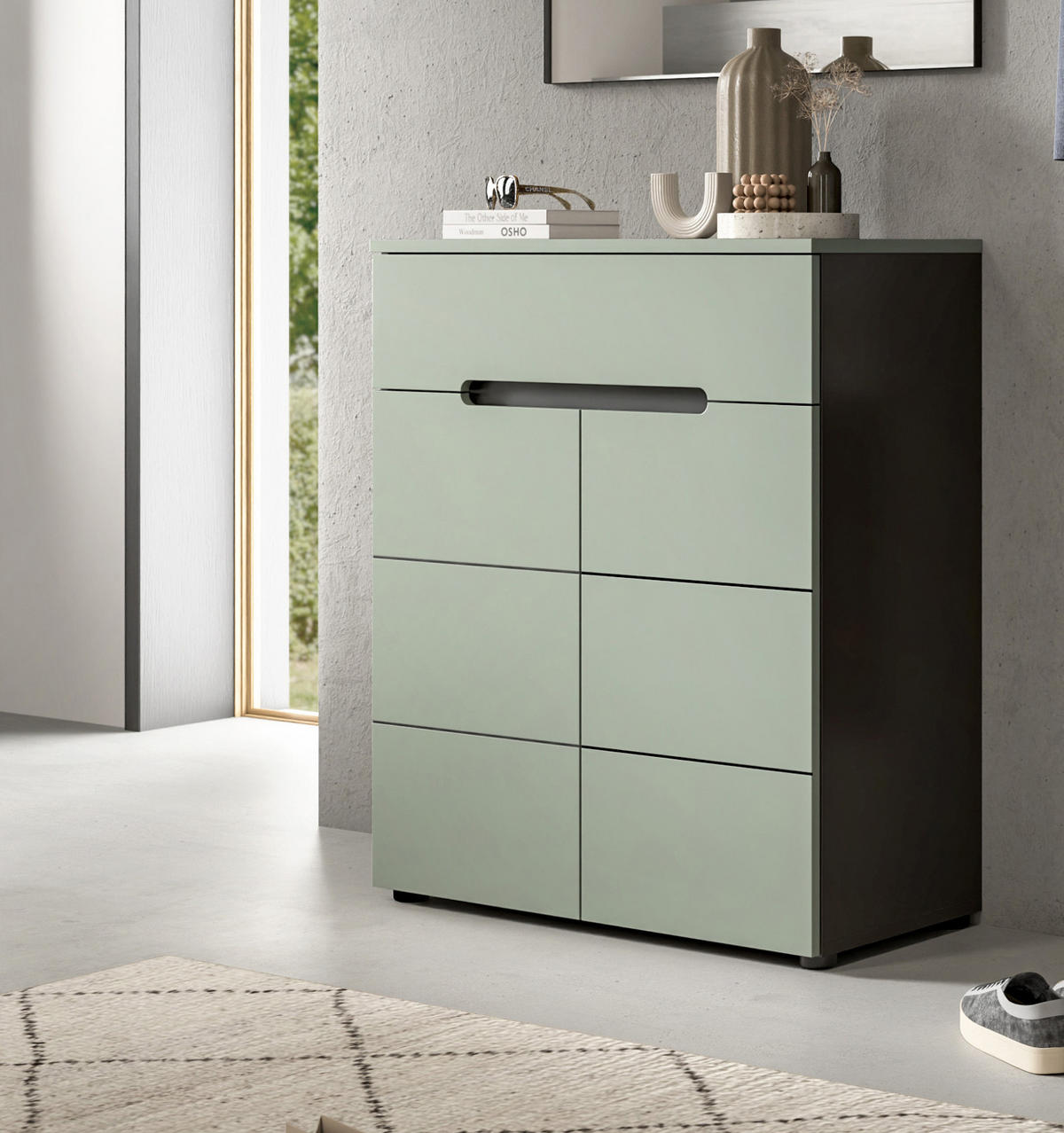 SCHUHKOMMODE Salbei grün, Basalt Grau 80 x 94 cm, Flurkommode mit Soft-Close - Salbeigrün/Schwarz, Holzwerkstoff/Kunststoff (80/94/37cm) - Inn.Furn