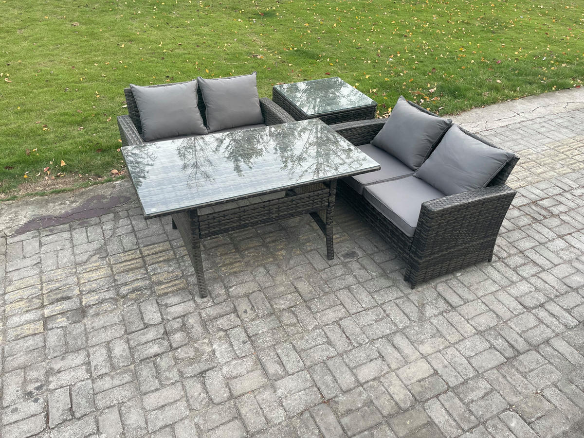 GARTENMÖBELSET mit 2-Sitzer Sofa,Esstisch,Hocker Polyrattan Dunkelgrau 4-Sitzer - Dunkelgrau/Grau, Glas/Kunststoff - Fimous