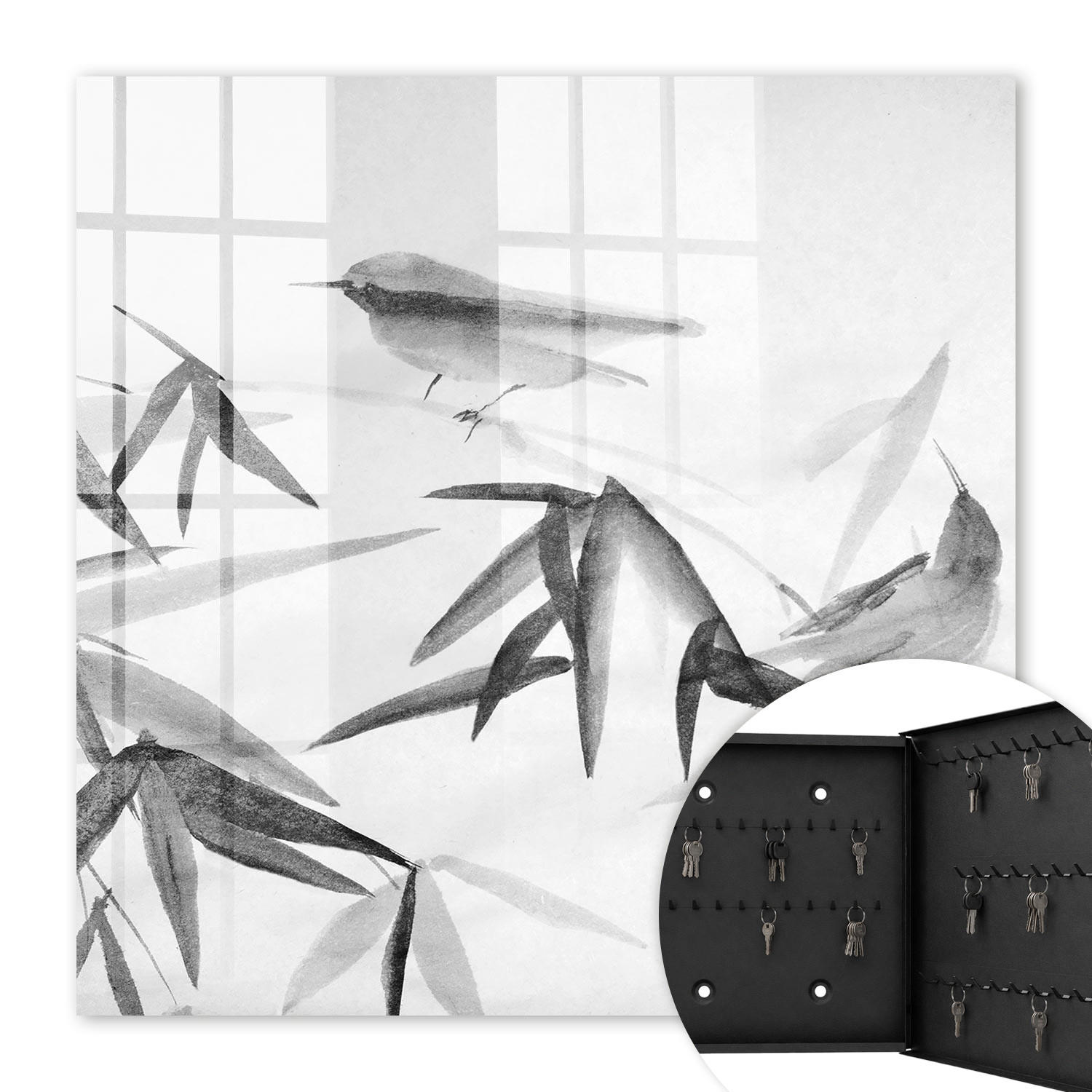 SCHLÜSSELBOX Schwarz 30x30 cm- Türöffnung nach rechts - Bambus Natur - Weiß, Metall (30/30/5cm) - TULUP