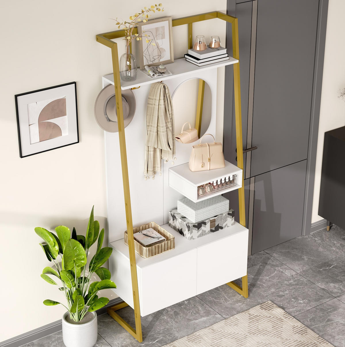 KOMPAKTGARDEROBE 78/38,5/180,5 cm aus Holzwerkstoff und Metall mit Spiegel und Schuhschrank Weiß - Weiß, Holzwerkstoff (38.5/180.5/78cm) - Modenvie