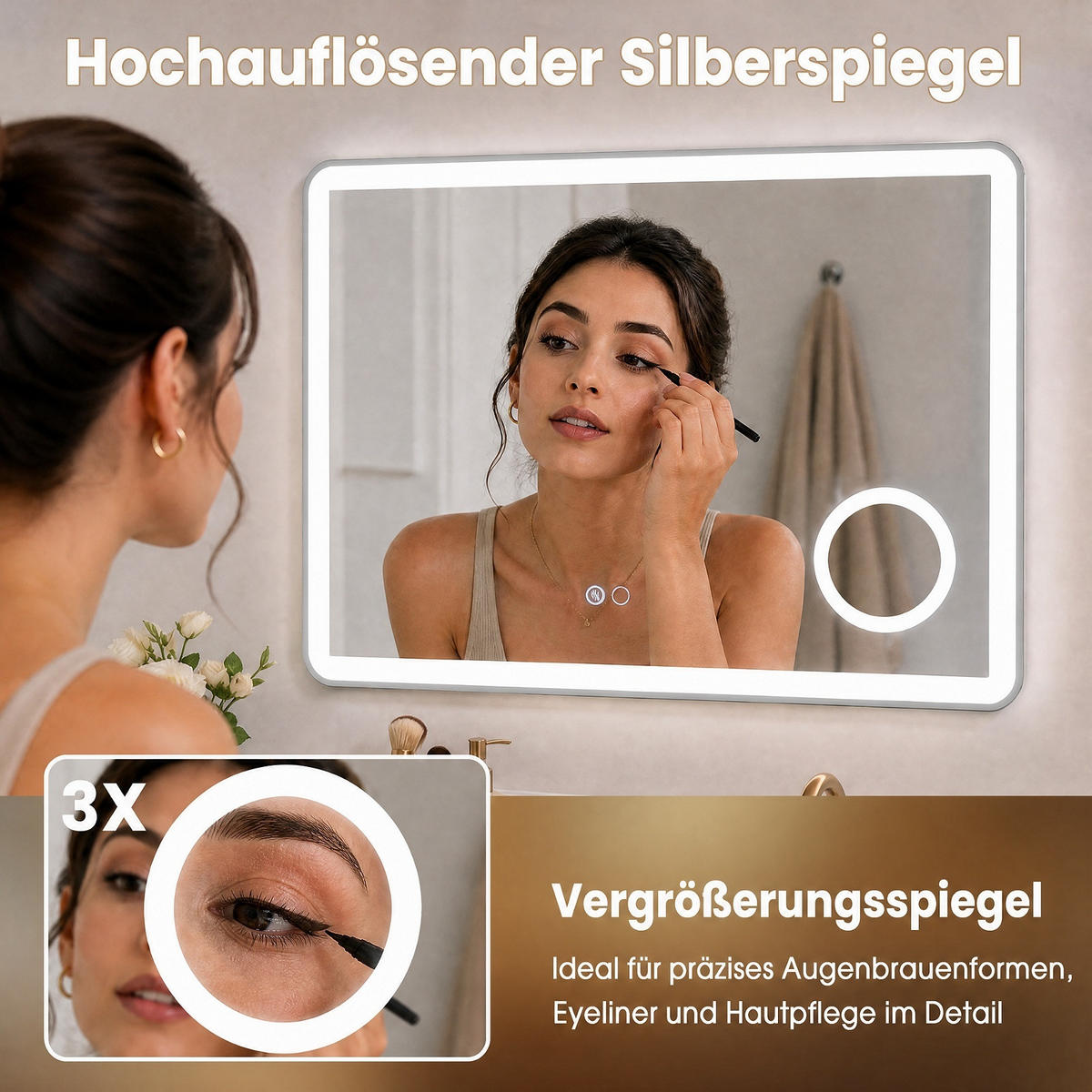 BADEZIMMERSPIEGEL mit Beleuchtung silber - Silberfarben, Glas (80/60/4cm) - COSTWAY