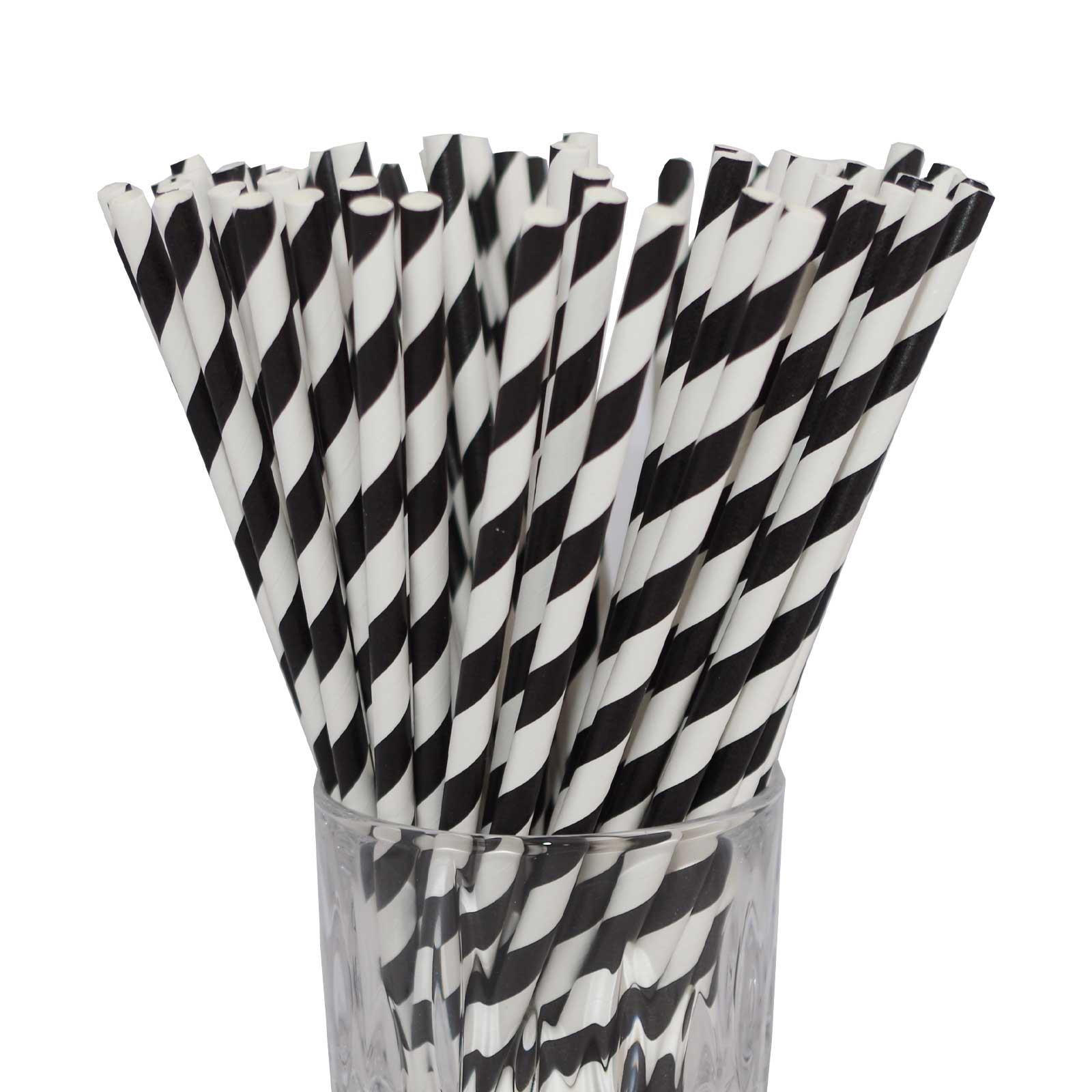 PAPIER-TRINKHALME gestreift Schwarz / Weiß 20 cm 100er Set - Schwarz, Papier (0.6/19.7cm) - LUXENTU