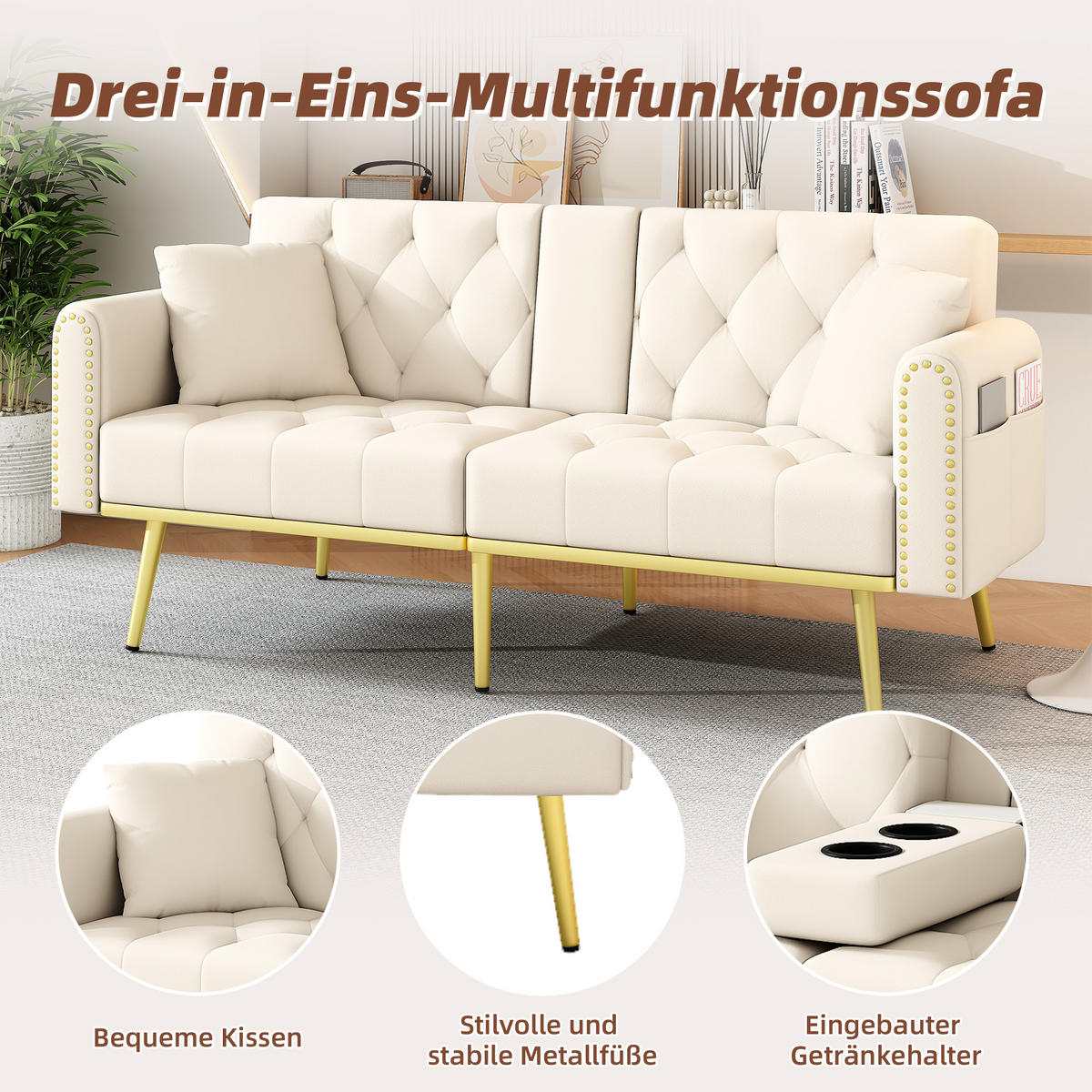 SCHLAFSOFA Samt mit verstellbarer Rückenlehne und Getränkehalter Beige 175/80/73,5 cm - Beige, Textil (73.5/175/80cm) - Redom